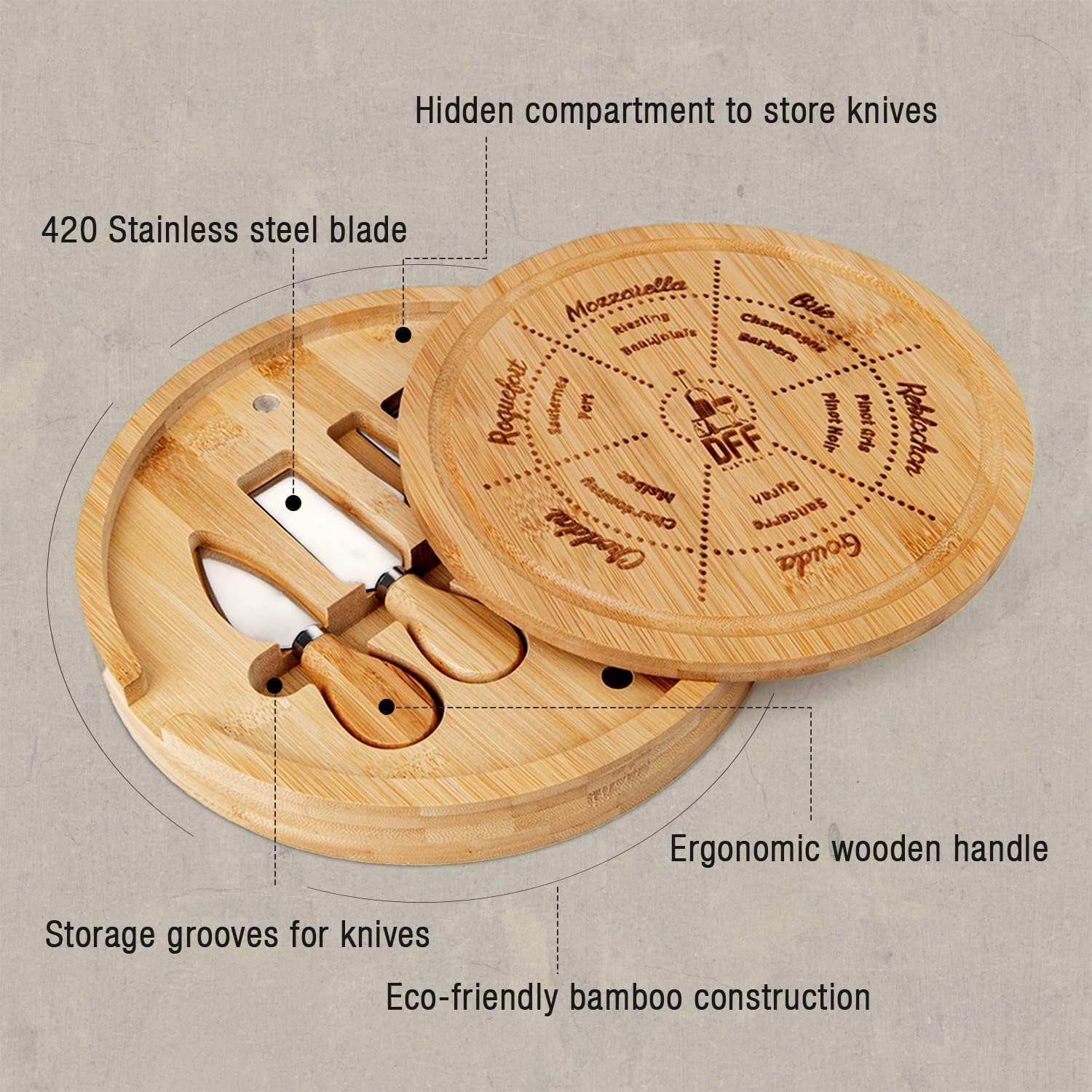 Bamboo Cheese Board with Knife Set - round Charcuterie Serving Tray with Engraved Cheese & Drinks Name - Wooden Cheese & Meat with Stainless Steel Knives & Cutlery - Housewarming & Wedding Party Gifts image number 4