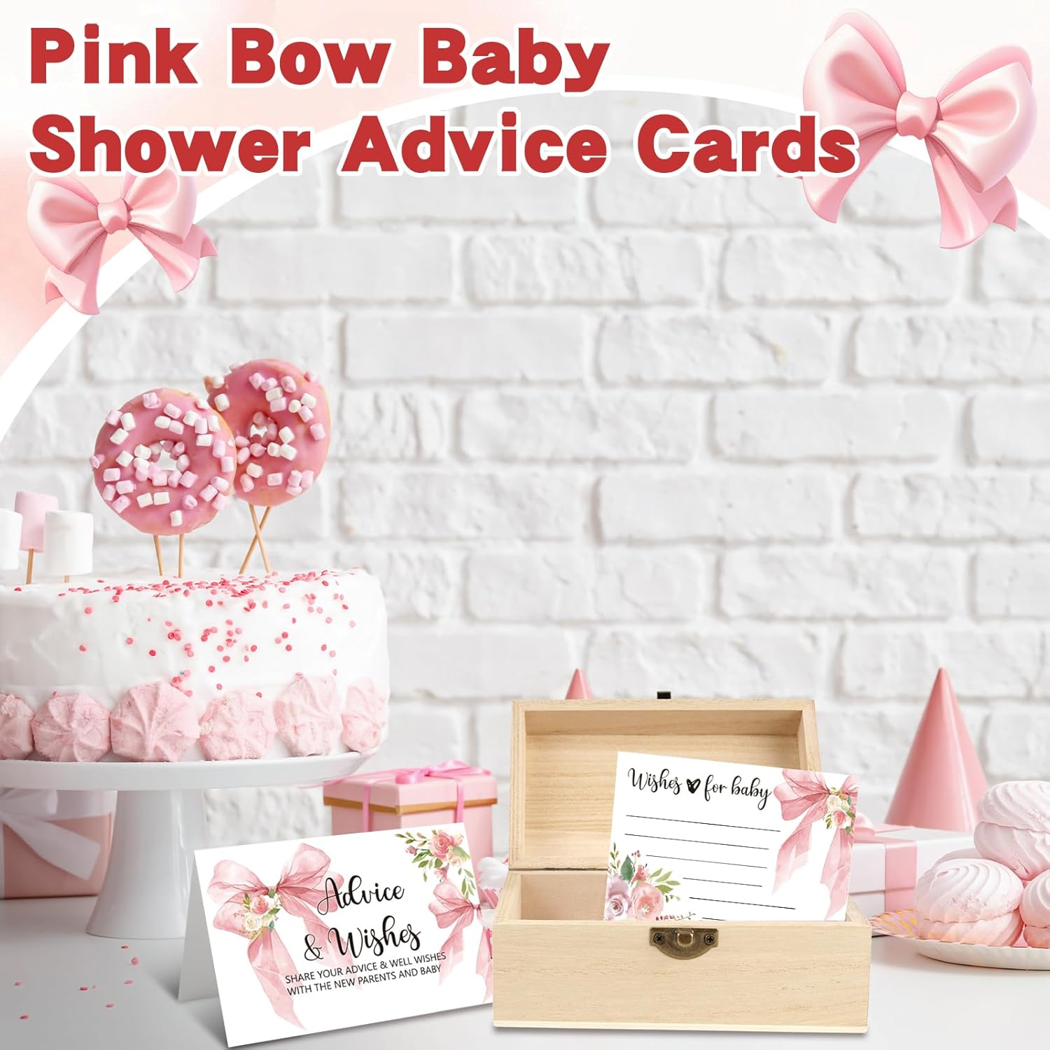 50 Pcs Pink Bow Baby Shower Advice Cards for Parents to Be,Advice and Wishes Cards Box for New Parents,Wishes for Baby Card,Baby Shower Games Decorations Girl