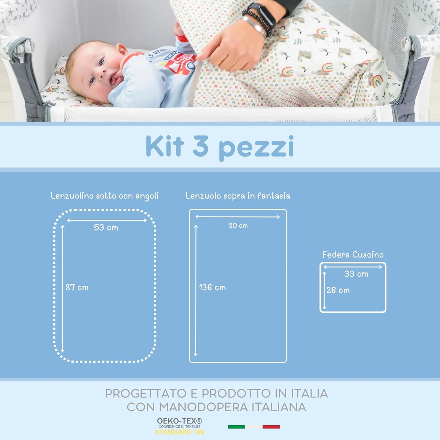 Baby Idea Next to Me 3 Piece Bedding Set Compatible with Newborn Crib 83 X 50 Cm Cot Bed Sheet Patterned Fitted Sheet + Pillowcase 100% Cotton Oeko Tex Certified image number 3