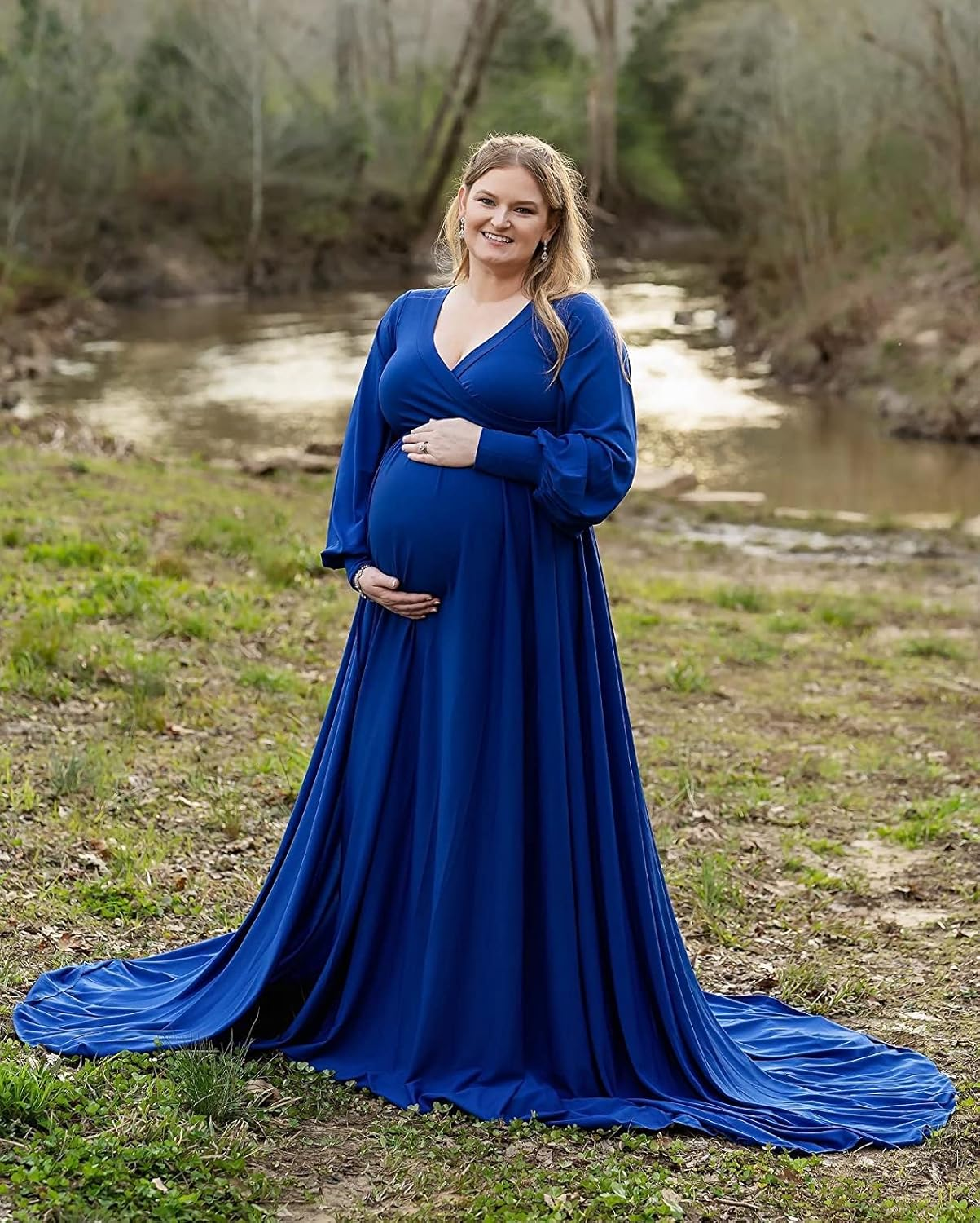 Choiyubella Maternity Gown Bishop Sleeves Baby Shower Dress Wrap Side Slit Sweetheart Maxi Photo Shoot for Photography image number 6