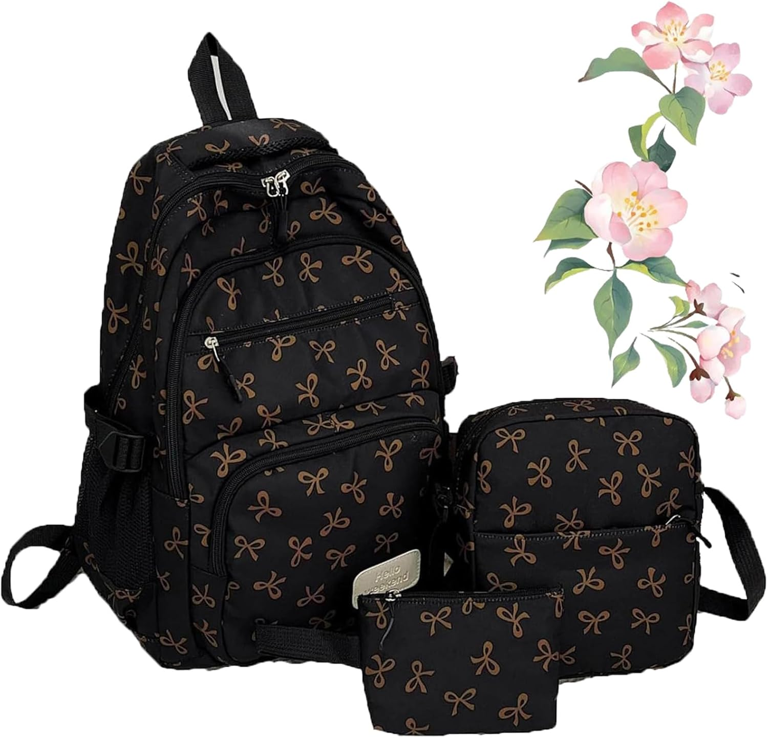 3Pcs Set Bow Backpack for Girls, Pink Bow Backpack, College Style Large Capacity Nylon Bow Bookbag Set