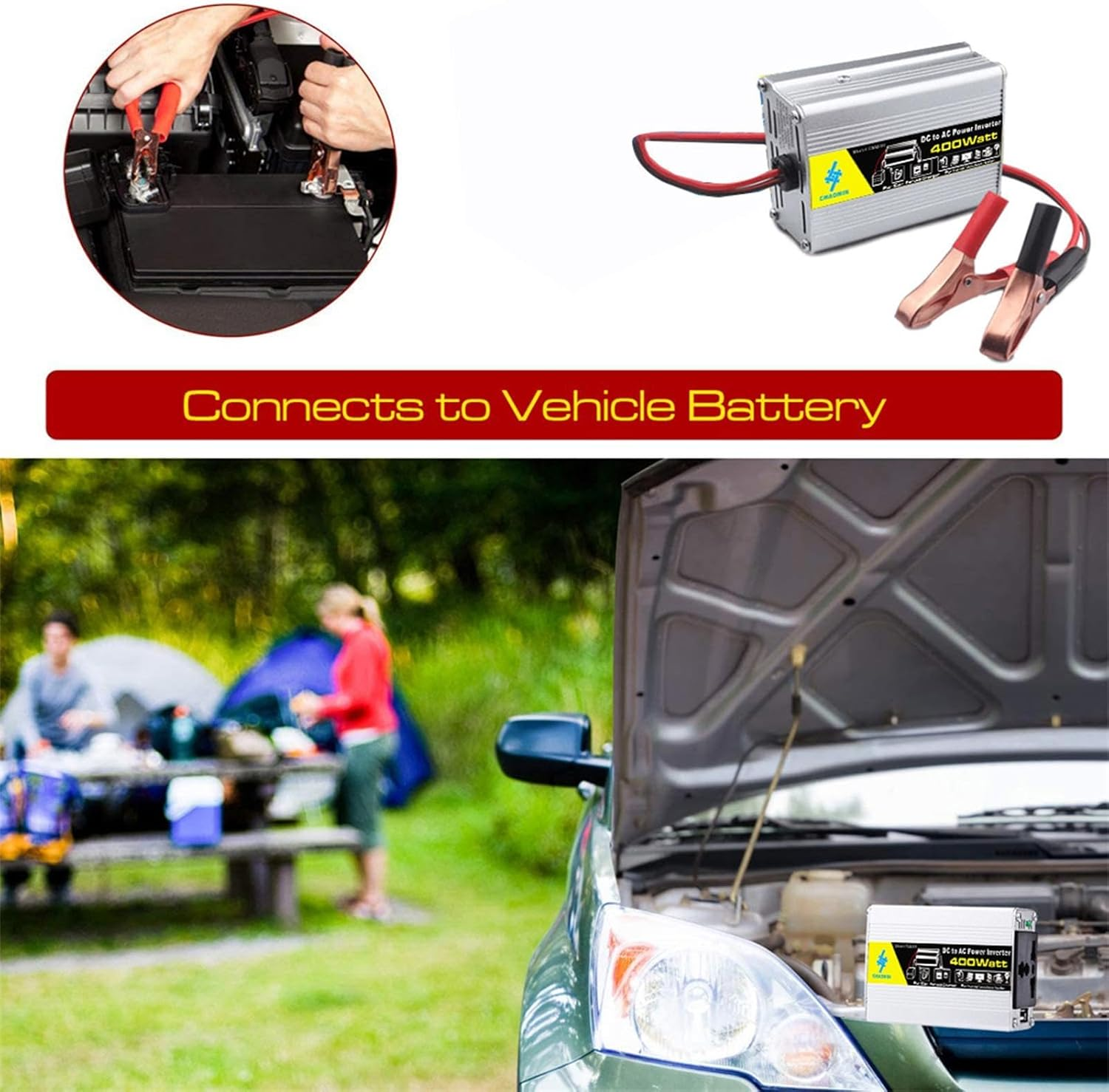 Inverter Pure Sine Waves - 400W Power Inverter, 12V Dc to 220V Ac Car Converter | Solar Inverter with 2 Battery Clips, Battery Clips for Car Truck Home Vehicles Rv Camping off Grid