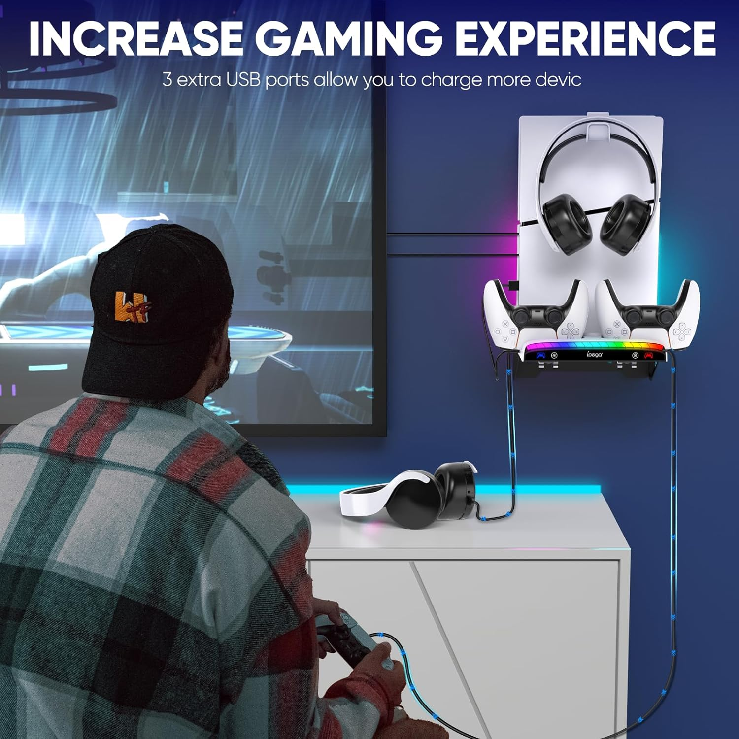 Klipdasse Wall Mount Kit for Ps5/Pro/Slim with Dual Controller Charging Station, Floating Disc and Digital Playstation 5, 15 Inch RGB Light, 3 Ports Usb Type C Headphone Support image number 3