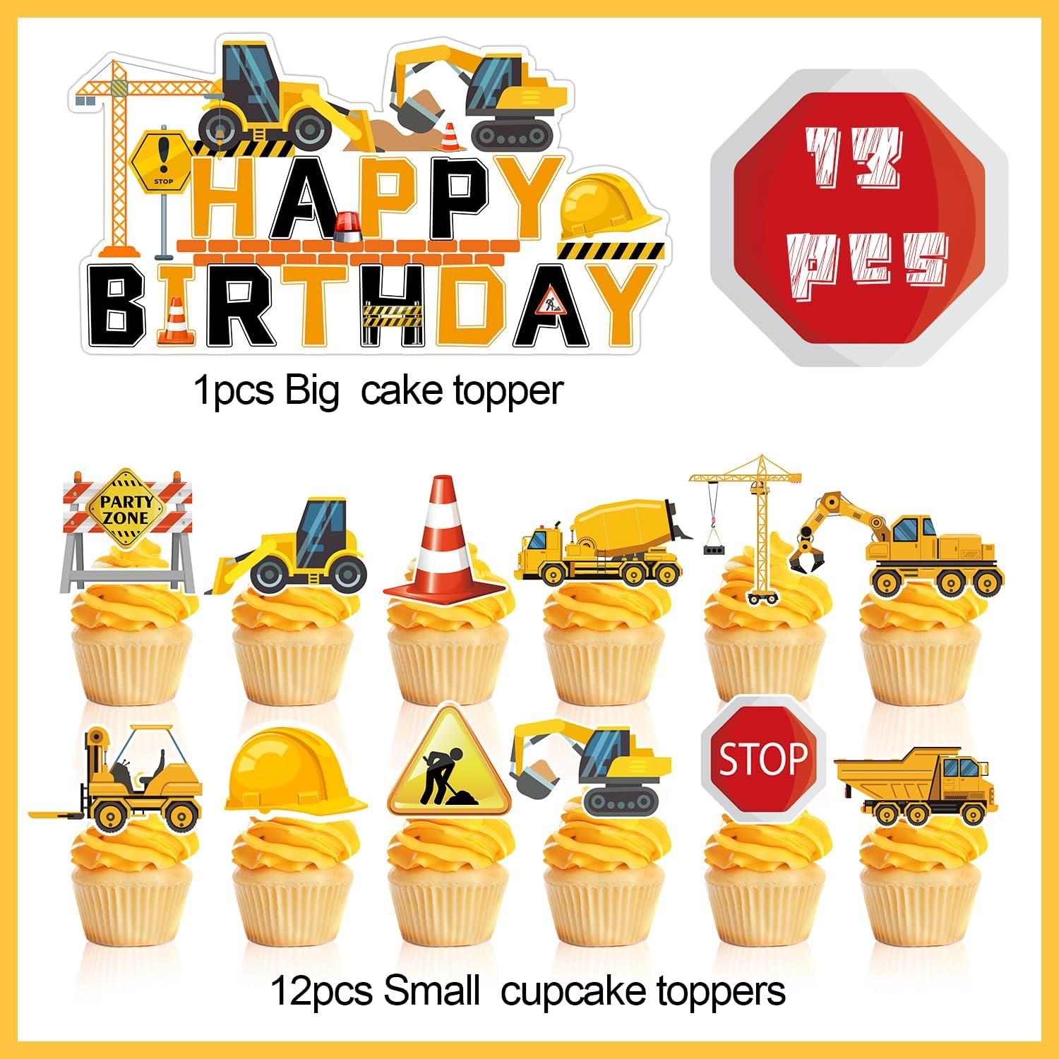 Construction Cake Topper, 13 Pcs Construction Cake Decorations Set Birthday Topper Excavator Cupcake Toppers for Birthday Supplies image number 2