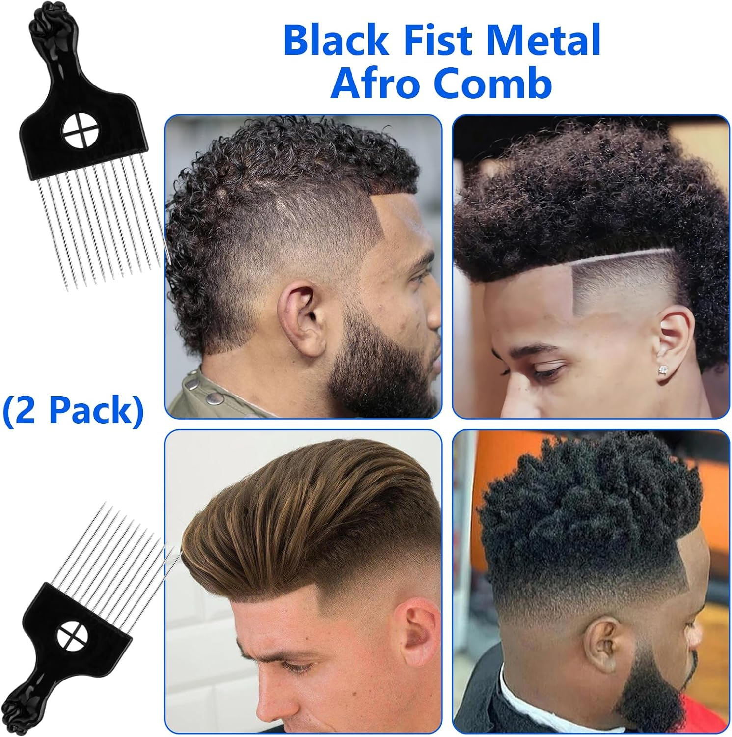 Sibba Pack of 2 Metal Styling Comb Afro Hair Comb Men Women Curling Comb Wide Tooth Comb with Handle Hair Comb Highlight Comb 11 Prongs Hairdressing Curling Pimple Perm Hair Styling Tool Black image number 1