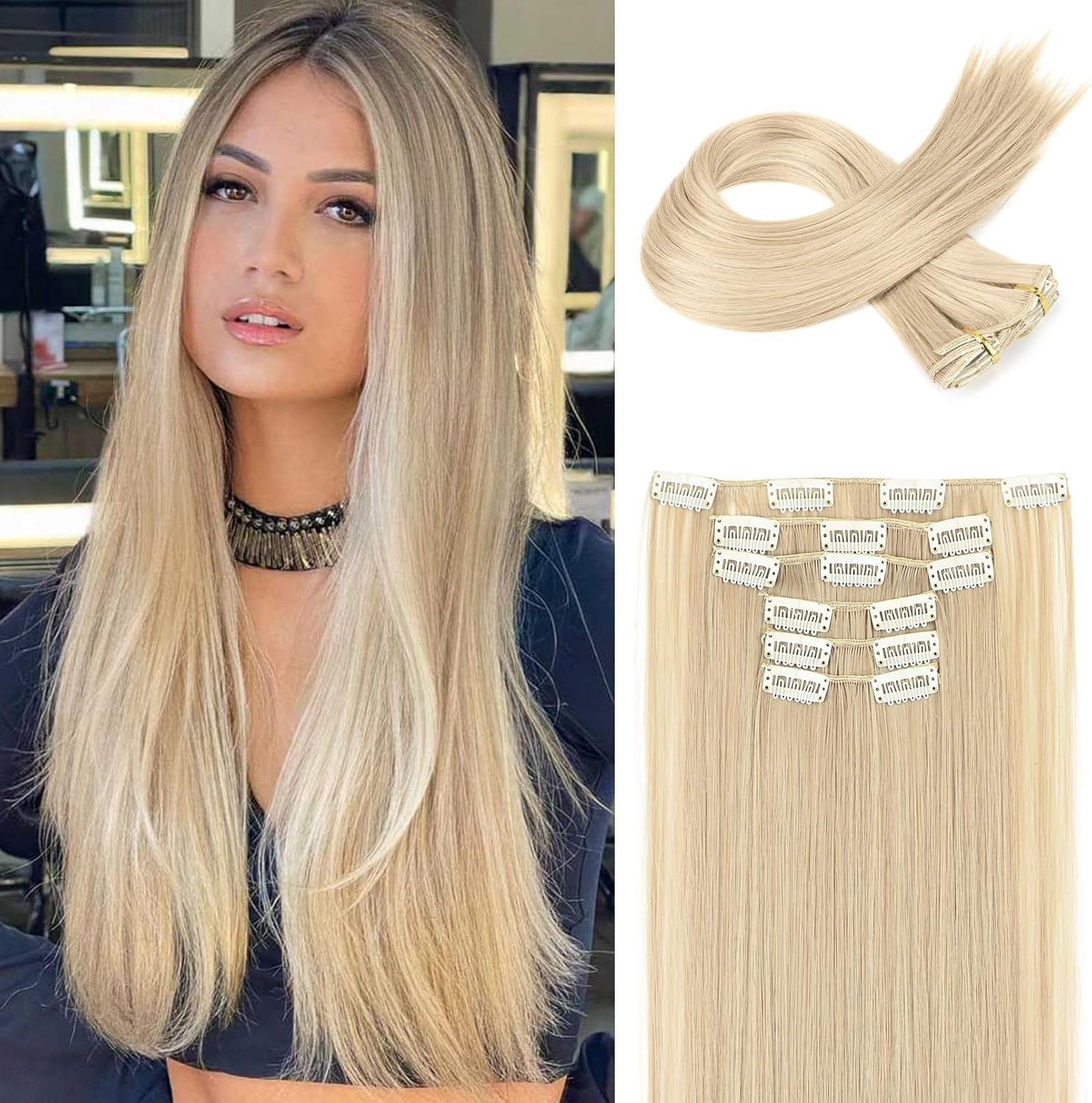 FLUFYMOOZ 6PC Clip in Hair Extensions 24" Straight Long Extensions for Women Synthetic Hairpiece (Ash Blonde)
