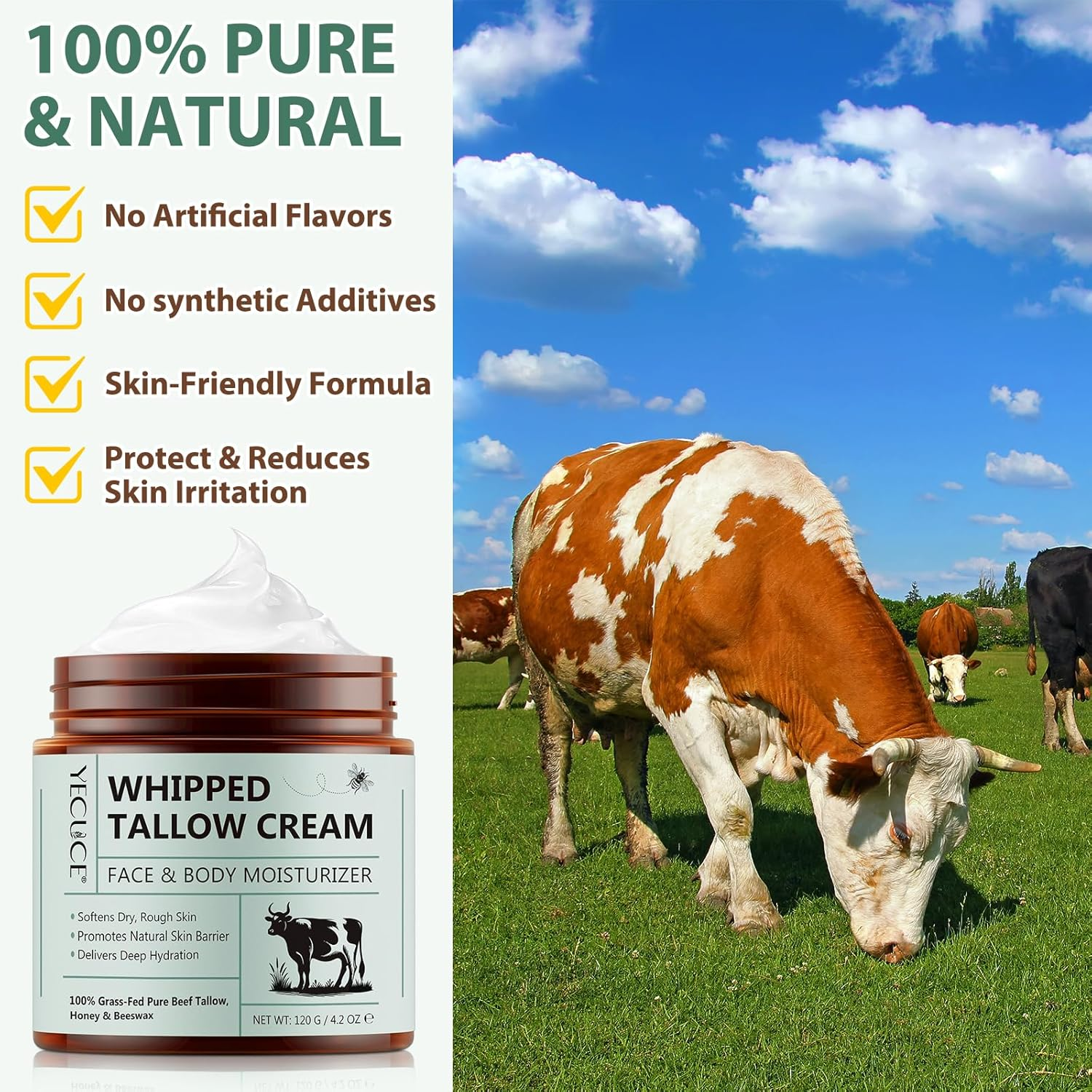 Beef Tallow for Skin, Tallow and Honey Cream, Hydrating Beef Tallow Balm, Natural Tallow Face Moisturizer, Deeply Moisturizing for Face & Body Skin Care, 120G image number 5