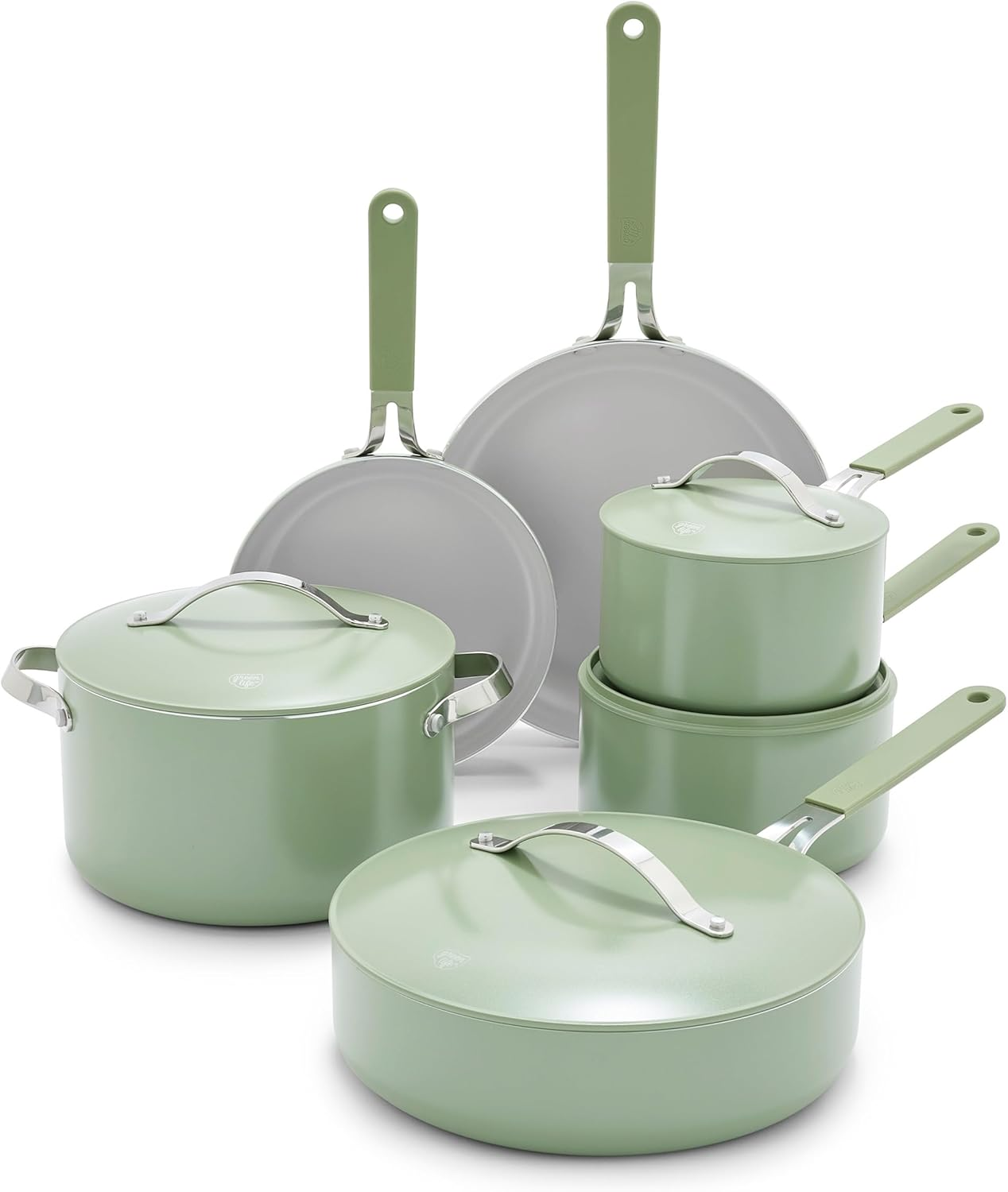 Greenlife Dream 10 Piece Healthy Ceramic Nonstick Cookware Set, Pots and Frying Sauce Saute Pans Set, Pfas-Free, Pfoa-Free, Dishwasher Safe, Oven Safe, Stay-Cool Handle, Sage Green