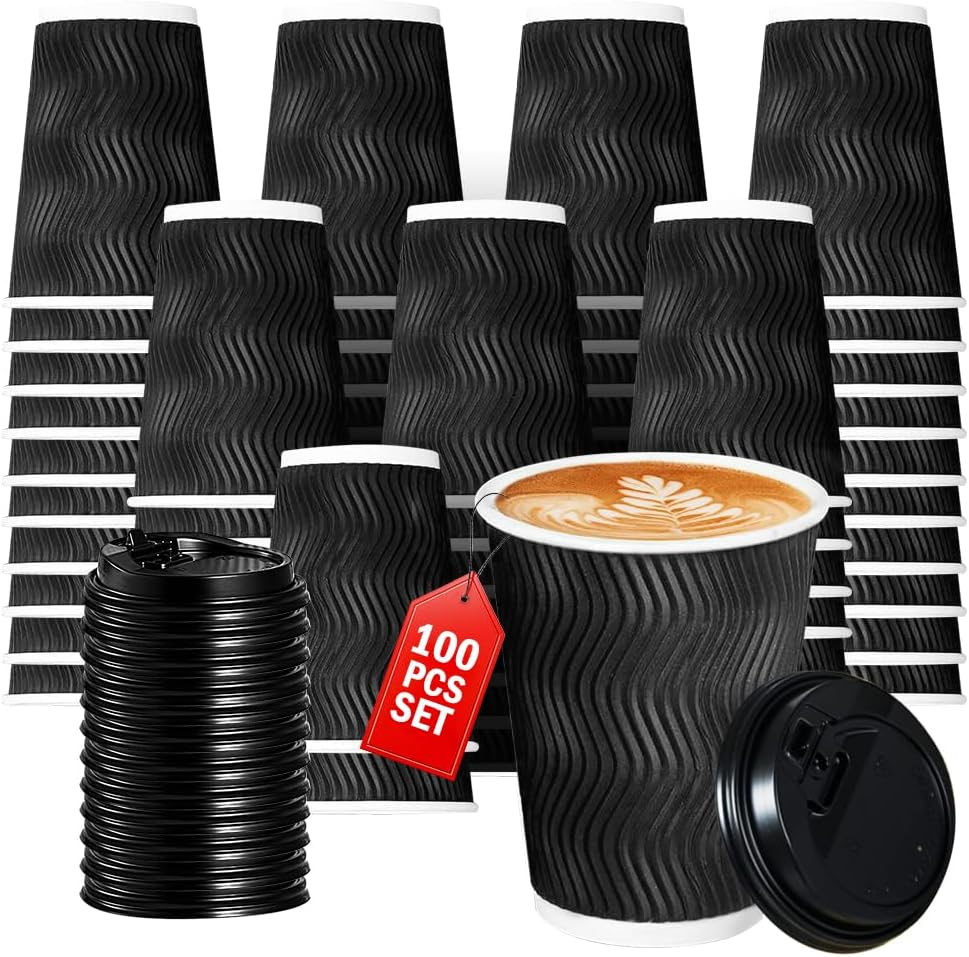 Vivva 12Oz 100 Pack Ripple Wall Paper Cups, Disposable Coffee Cups with Lids, to Go Paper Coffee Cups for Hot/Cold Beverages, Tea, Hot Chocolate, Juice. Ideal for Home, Restaurant, and Cafe (Blue)