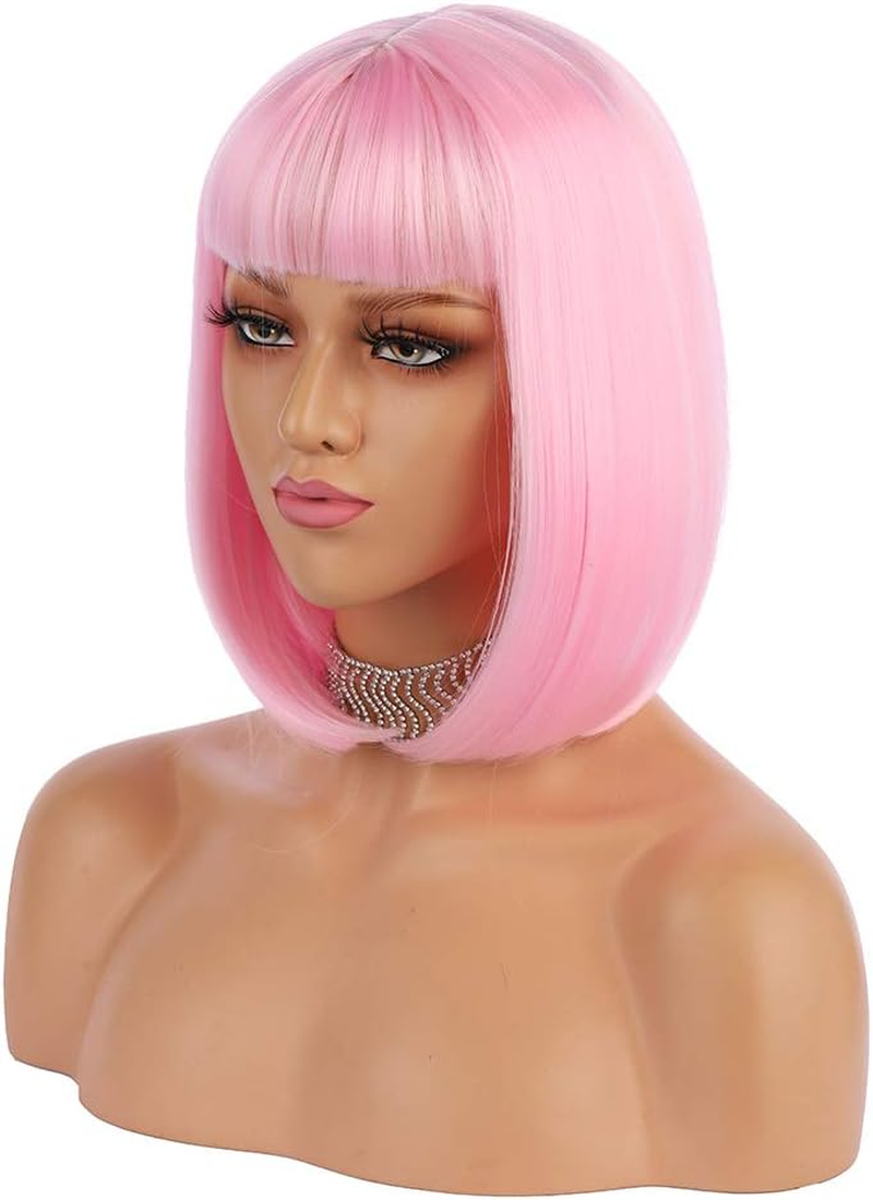 Enilecor Short Bob Hair Wigs 12" Straight with Flat Bangs Synthetic Colorful Cosplay Daily Party Wig for Women Natural as Real Hair+ Free Wig Cap (Light Pink) - Caramel, White image number 6