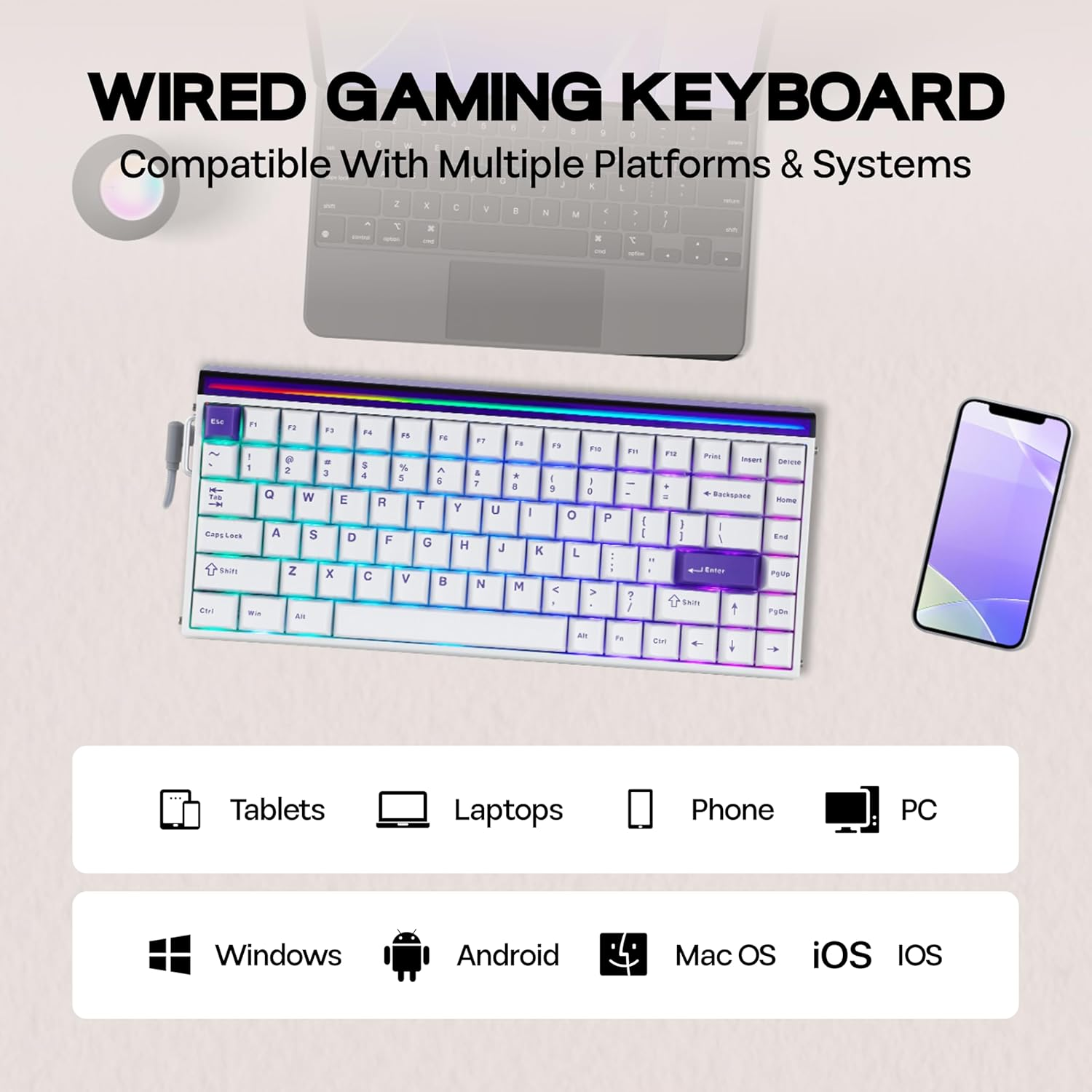 Mechlands Aula Hero84 HE Wired Magnetic Gaming Keyboard, Rapid Hall Effect Keyboard with 0.01Mm Adjustable Actuation, 8Khz Polling, 5-Layer Sound Dampening, RGB Lightbox & Backlit (White Purple) image number 5
