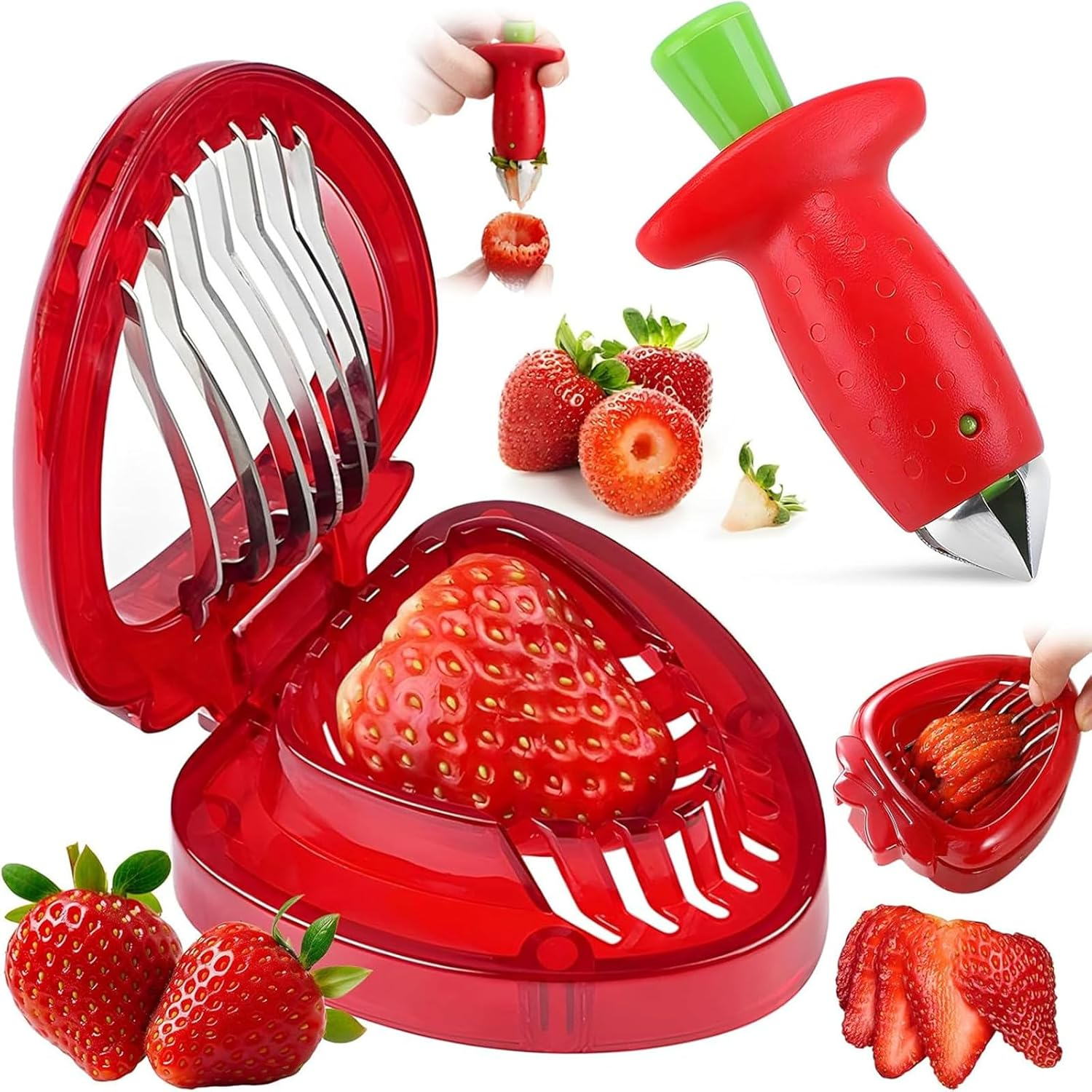 Strawberry Slicer/Cutter/Corer and Huller - Fruit Leaf Stem Remover Tool, Egg Slicer Kitchen Gadget for Dessert and Cake Decorations (Slicer+Corer)