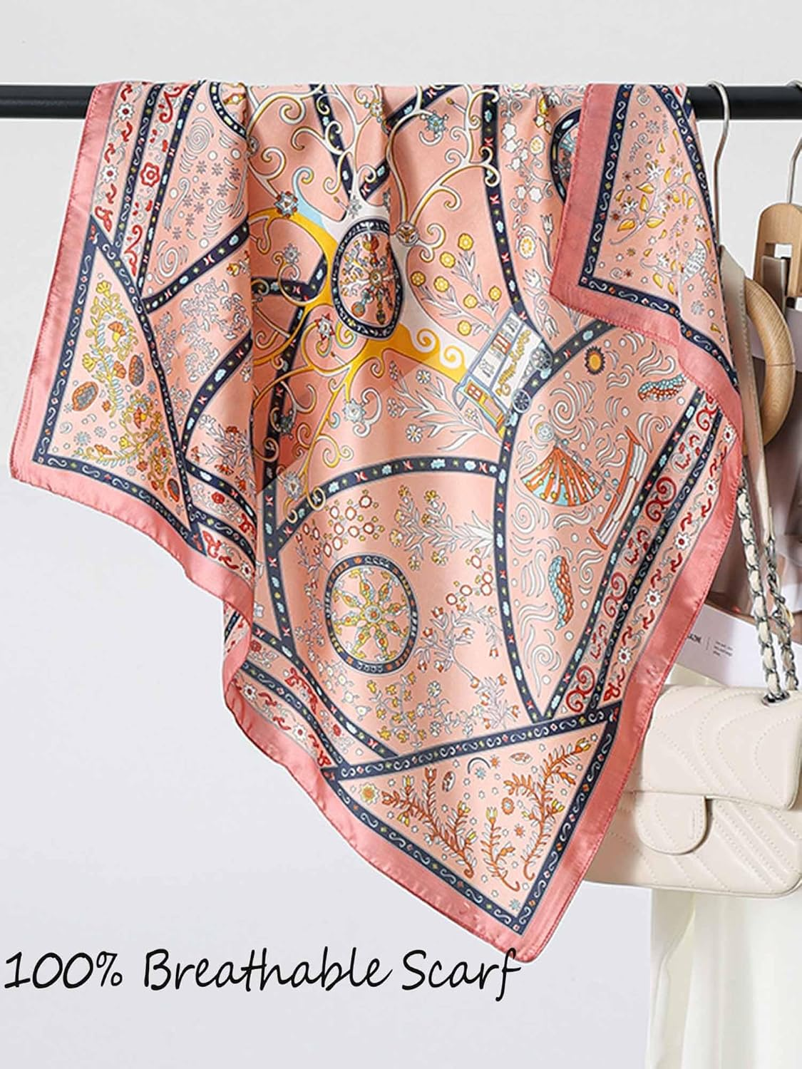 Onllh Silky Scarf for Women Lightweight Satin Bandanas Neck Hair Wrap for Sleeping Head Scarves 27.5" - A23 Pink Retro Elements/27.5" image number 6