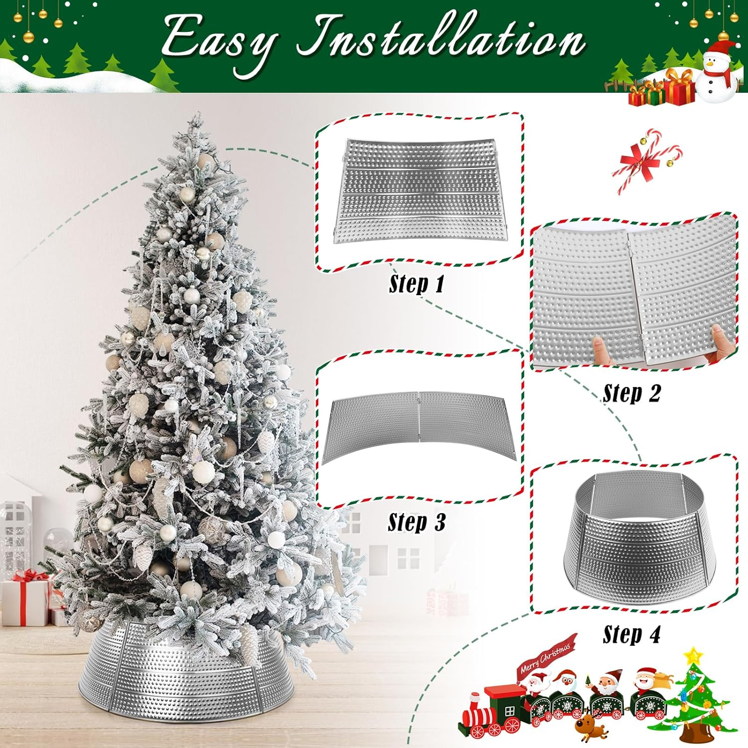 Christmas Tree Collar Metal, 28" Silver Tree Collar, 5-Panel Christmas Tree Base Collar for 7.5Ft 9Ft 12Ft Real & Artificial Christmas Trees, Christmas Tree Ring Christmas Tree Skirt for Pencil Trees