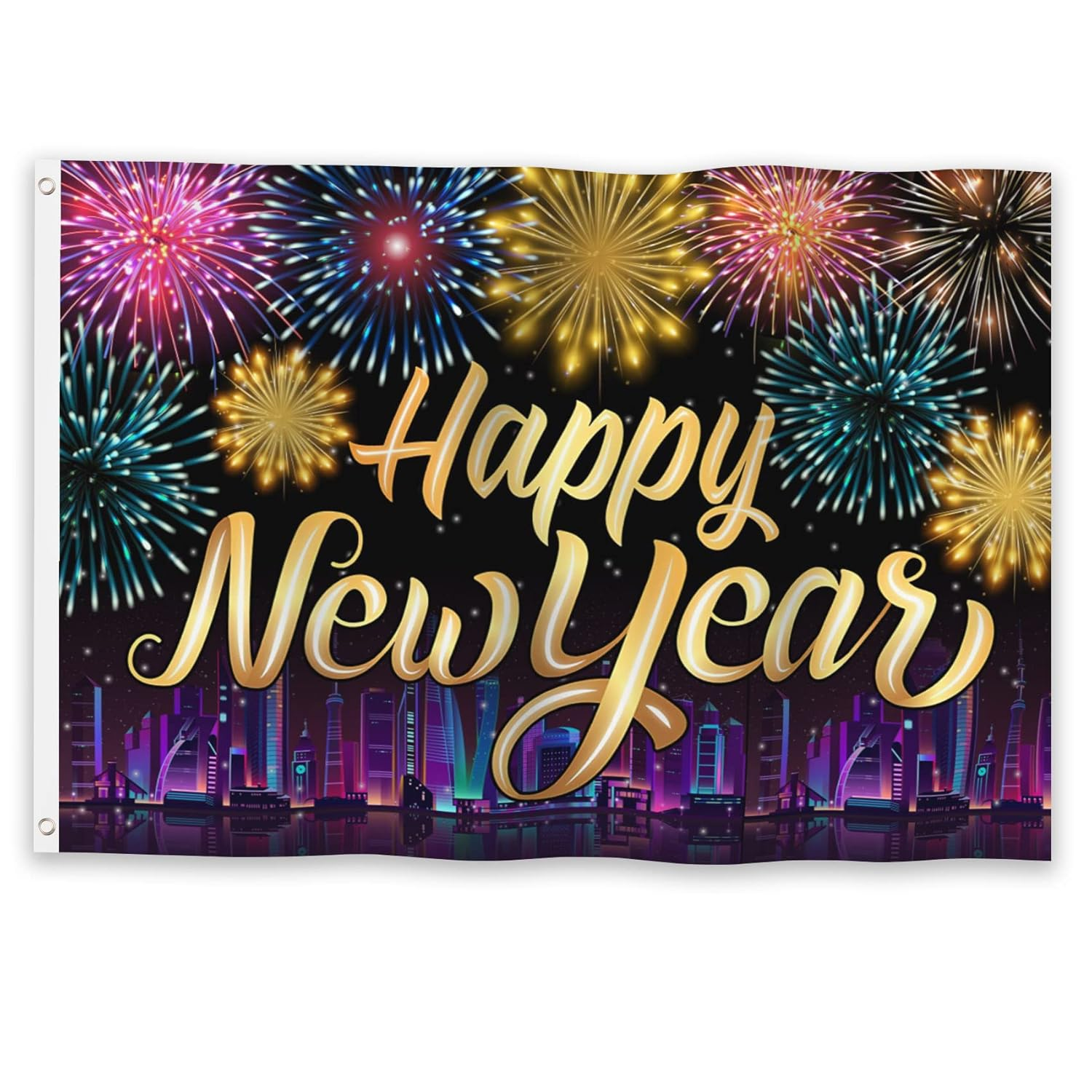Yongfoto 2026 Happy New Year Flag 3X5Ft Colorful Glitter Fireworks Blooming City Night Flags for Holiday Celebrations Banner Home Outdoor Garden Porch Indoor Party Decor, with 2 Sturdy Grommets