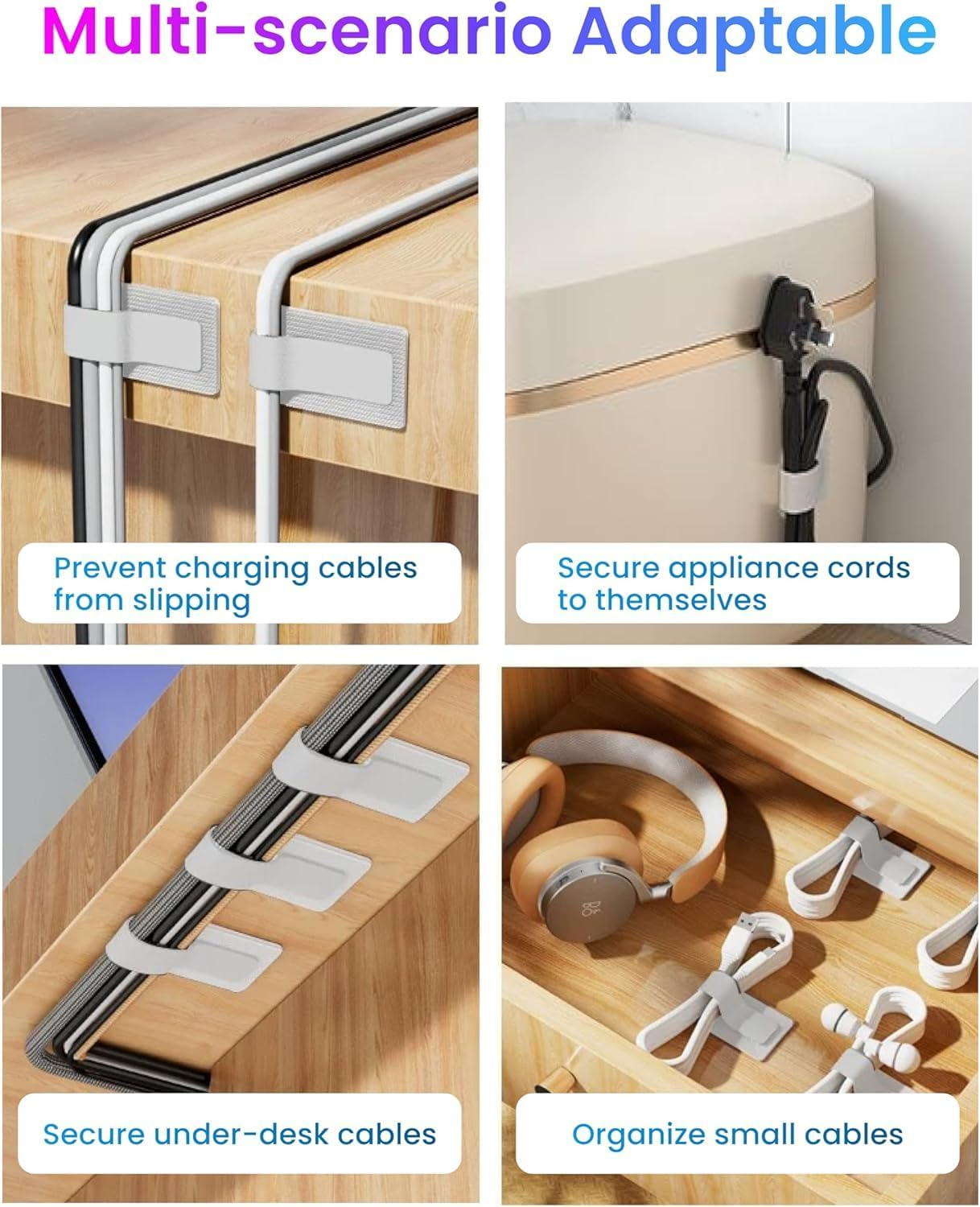 Hook and Loop Cable Ties, 40 Self Adhesive Cable Management, Reusable Cable Clips for Home Office(Color:Gray, White) image number 5