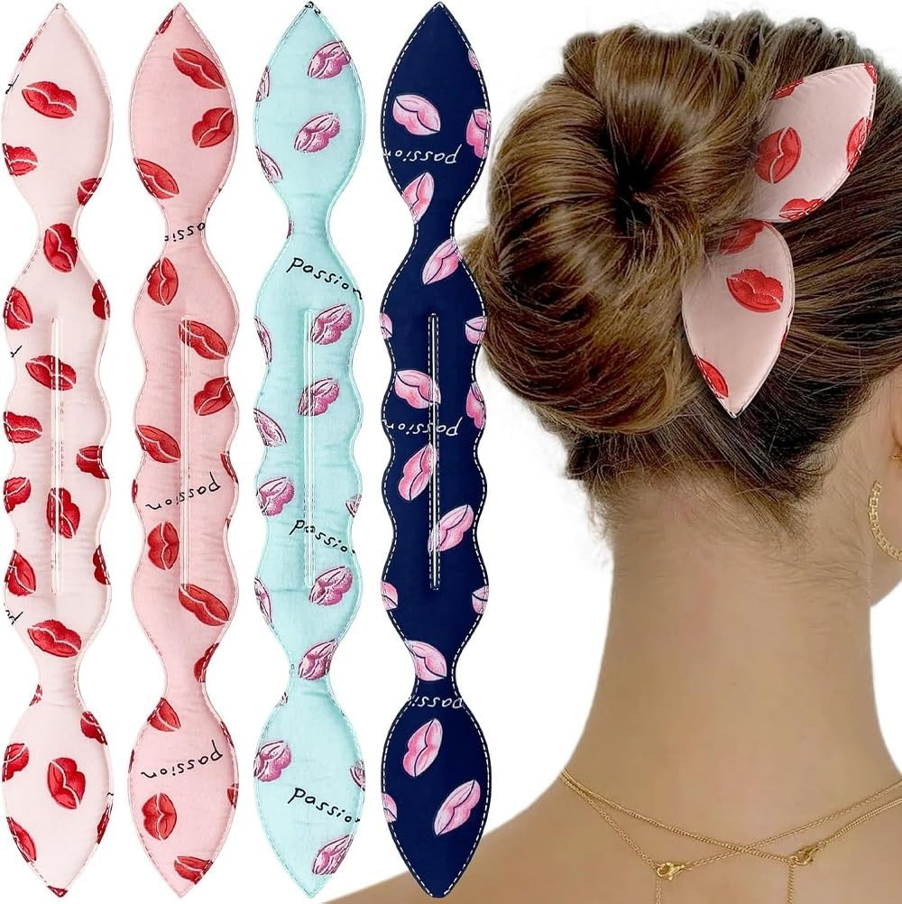 4 Pcs Deft Twist Donut Hair Bun Maker and Rabbit Ear Bun Twister - Flexible and Quick Hair Styling Accessories for Women and Girls (Blue+White+Pink+Navy Blue, One Set) image number 1