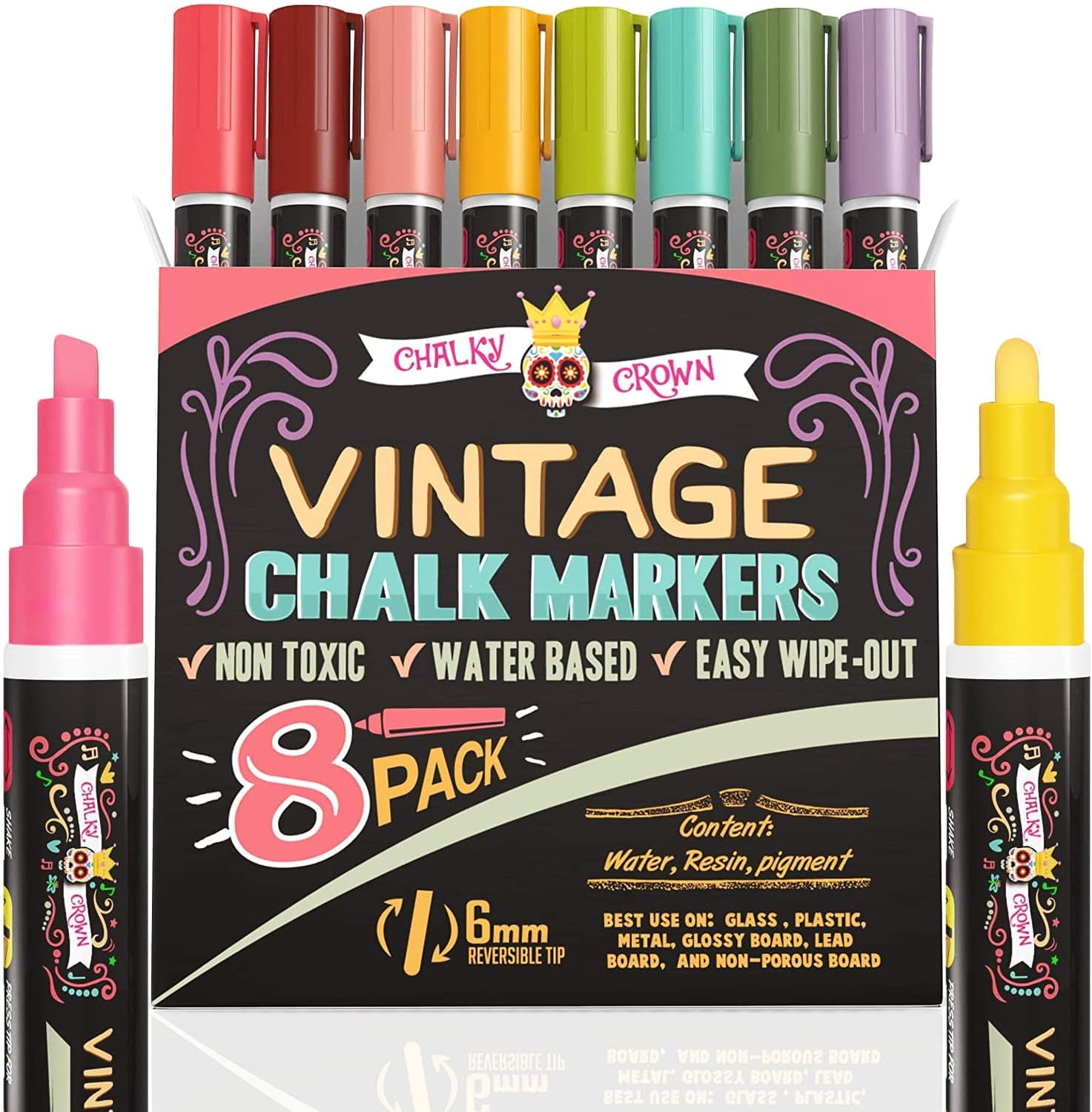 Liquid Chalk Markers for Blackboards - Bold Color Dry Erase Marker Pens - Chalk Markers for Chalkboards Signs, Windows, Blackboard, Glass - 6Mm Reversible Tip (8 Pack) - 24 Chalkboard Labels Included