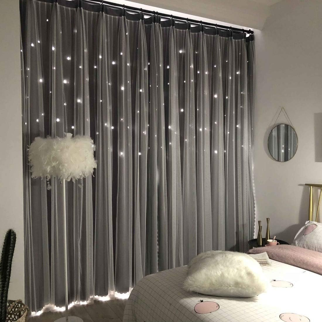UNISTAR 2 Panels Stars Blackout Curtains for Bedroom Girls Kids Baby Window Curtain Double Layer Star Cut Out Aesthetic Living Room Decor Wall Home Decorations Curtain,W52 X L84 Inches,Pink