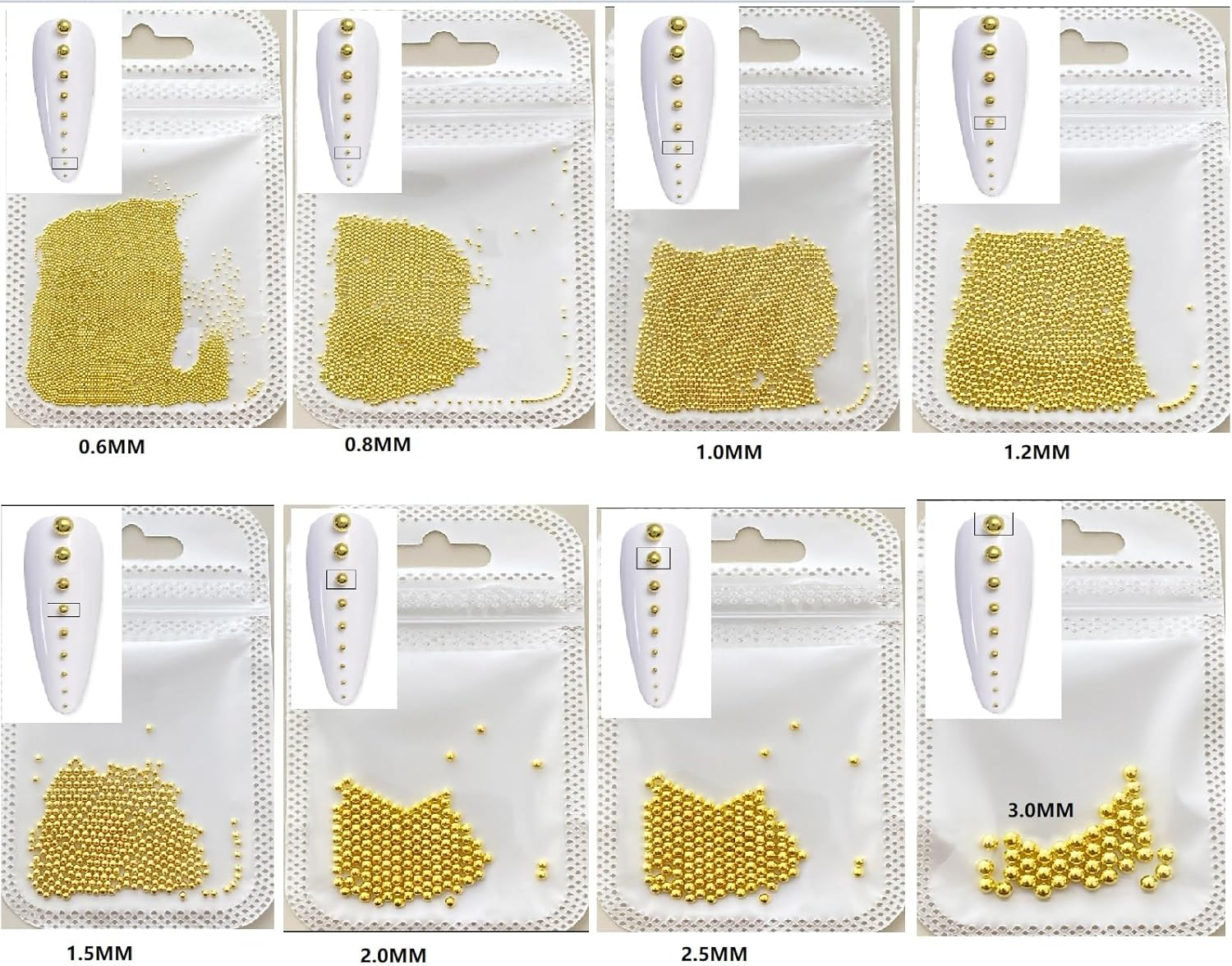 CYBERNOVA 8Packs 3D Nail Art Steel Balls Mini Beads Gold Silver Nail Charm 0.6Mm-3.0Mm Metal Steel Beads for Women DIY Nail Art Accessories with Tweezers (Gold)