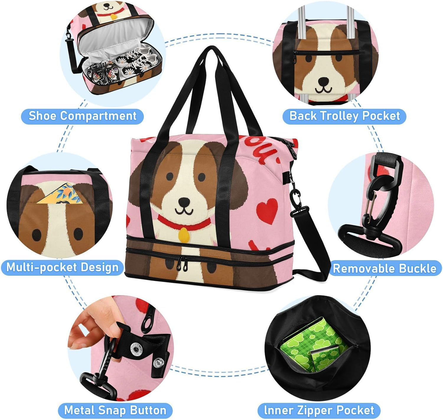 I Love Your Valentine Dog Travel Duffel Bags Travel Weekender Gear Bag with Toiletry Bag for Airplane Traveling Foldable, I Love Your Valentine Dog, 1 Size image number 2