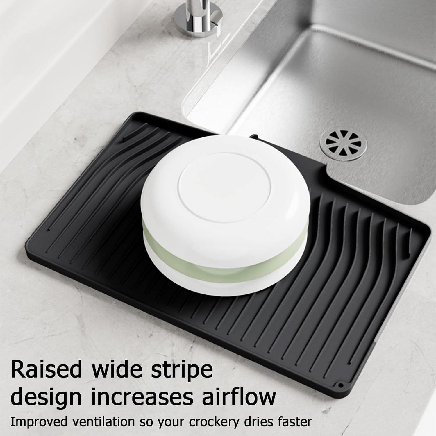 Silicone Dish Drainer Mat, Silicone Dish Drying Mat for Kitchen Counter, Multifunctional and Foldable Sloped Draining Mat, Heat-Proof & Non-Slip Drain Pad with Built-In Drain (Black) image number 2