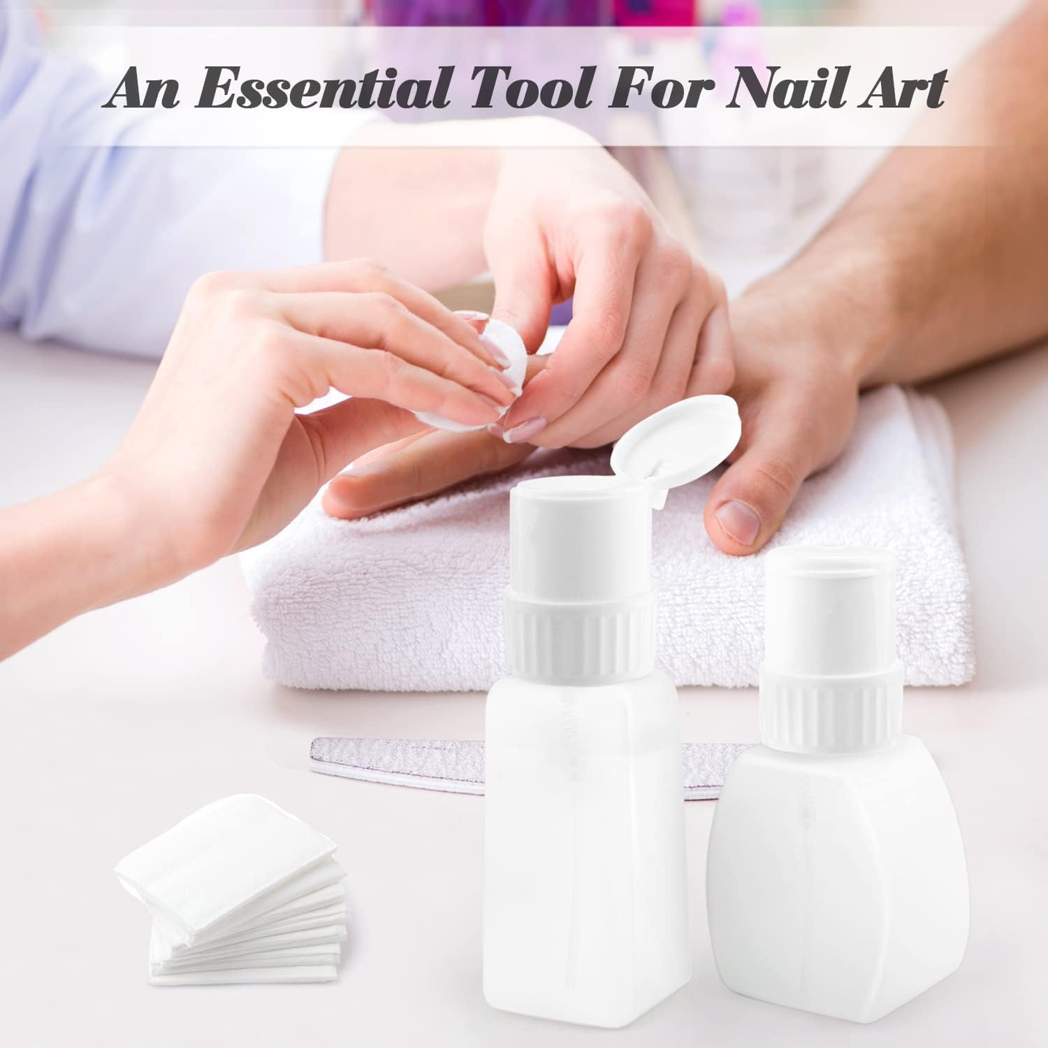 2Pcs Plastic Push down Pump Bottle Refillable Nail Polish Remover Bottle Press Pumping Dispenser with Flip Cap for Nail Polish&Makeup Remover Liquid Alcohol - White