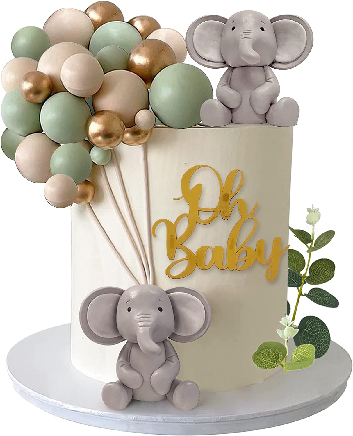 26 PCS Elephant Cake Decoration Cute Baby Elephant Cake Decorations Pearl Balls Cake Picks Eucalyptus Leaves Decoration Elephant Baby Shower Cake Decoration image number 3