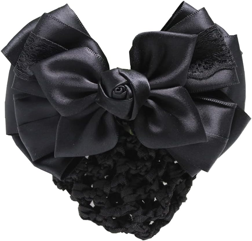 Womens Bowknot Snood Net Barrette Elastic Hair Clip Bun Cover Hairnet Satin Bow Barrette French Hair Clips Hair Accessories for Stewardess Banks Hotels Airline Professionals (Black) image number 3