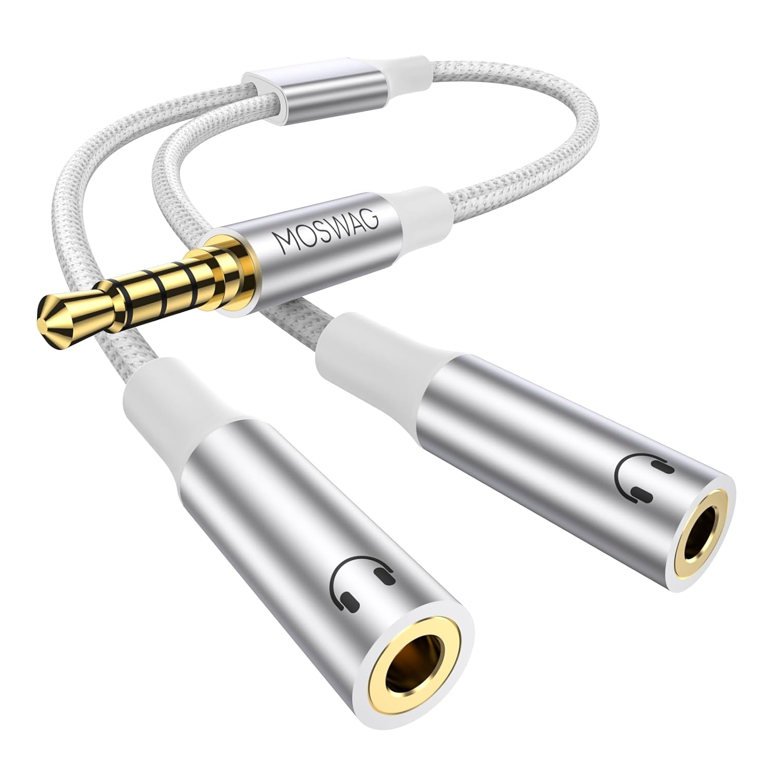 MOSWAG Headphone Splitter, 3.5Mm Male to 2 Female Audio Y Splitter, 4-Pole Nylon Braided Male to Female Dual Headphone Jack Adapter for Apple, Samsung, Tablets