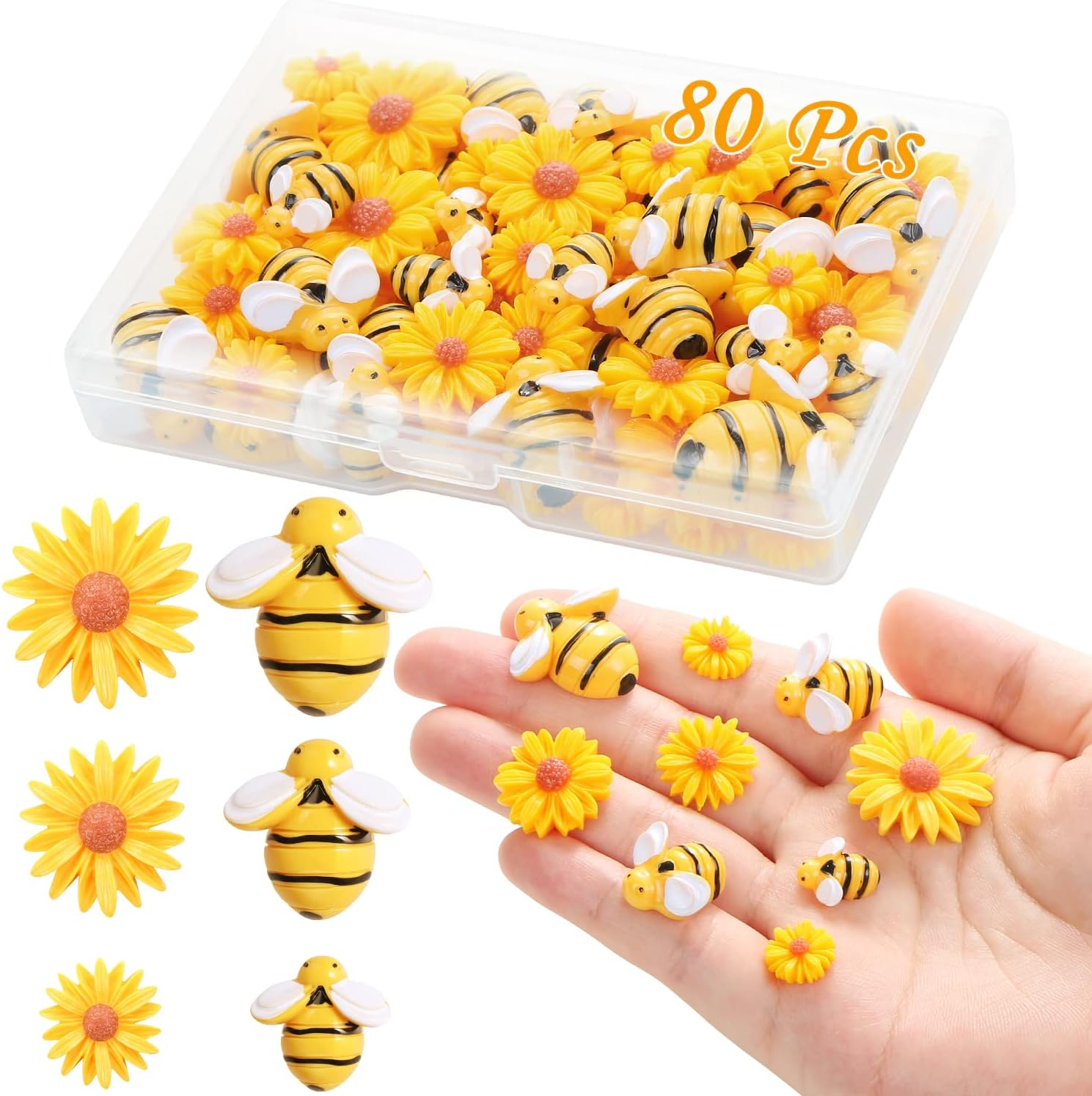 CCOZN 80 Pieces Tiny Resin Bees Daisy Flowers, Flatback Daisy Flowers Bumble Bees Embellishment Bee Decors with Box DIY Wreath Cake Decorations Flowers Bee for Crafts Two Groovy Party Decor image number 4