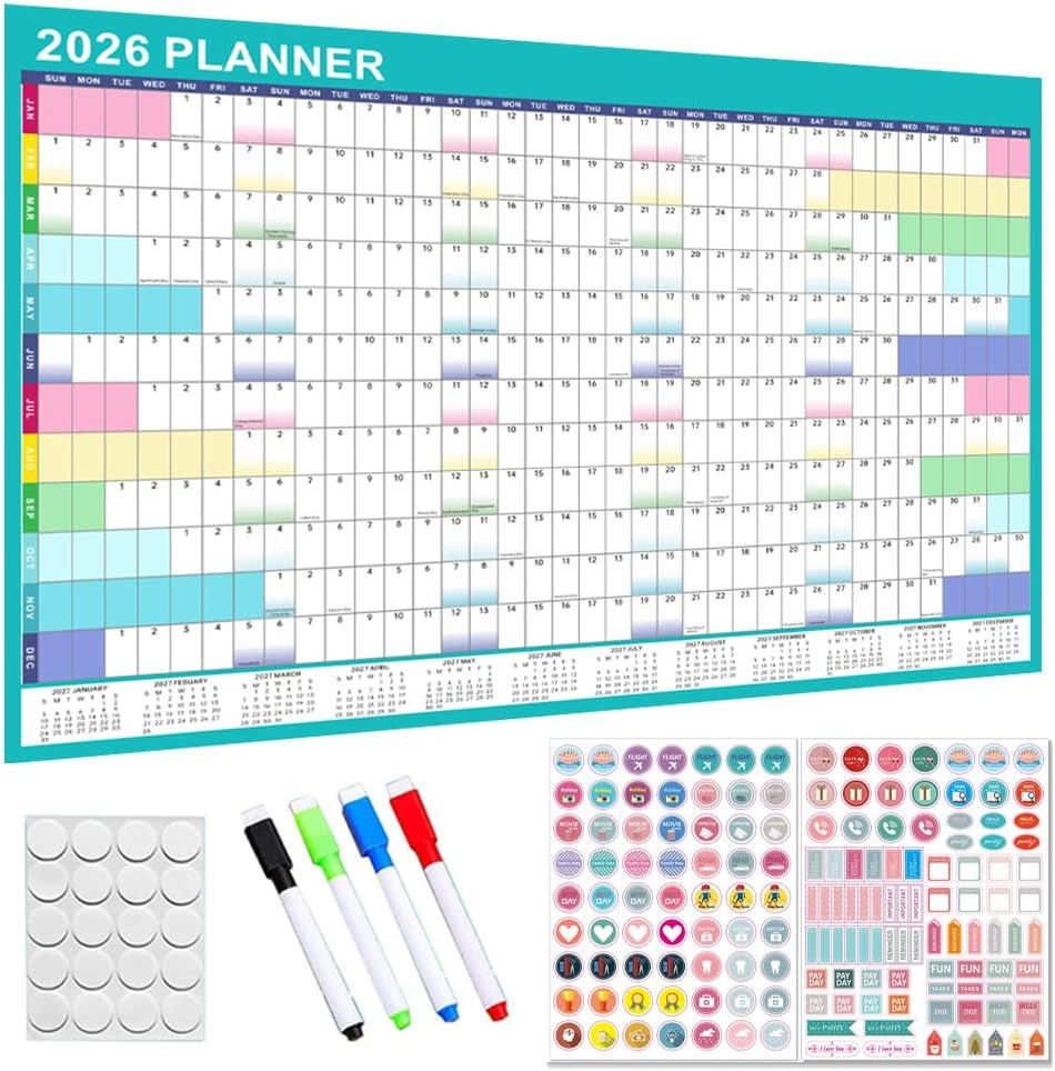 Geli 2026 Planner with 155 Pieces Sticker and 4 Marker Pens, Erasable Wall Calendar, 92 X 61 Cm, Academic Year Planner, January to December