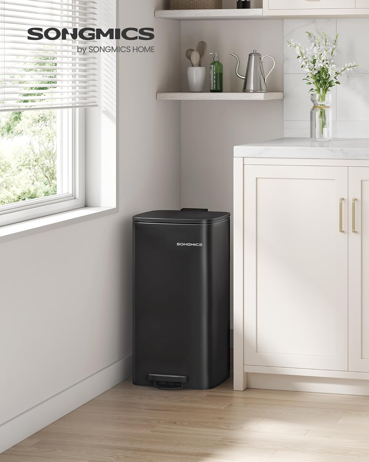 SONGMICS Kitchen Trash Can 30 Litre Trash Bin Pedal Bin Steel with Inner Bucket Soft Close Hold Function Ink Black LTB593B02 image number 4