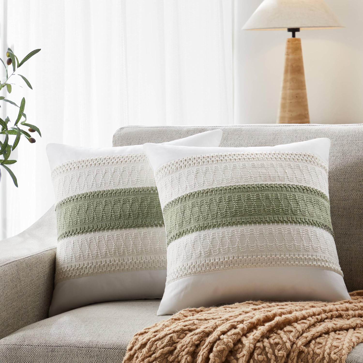 YZJZEDS Soft Cotton Boho Throw Pillow Covers Set of 2, Natural White/Contrast Blue 20X20 Inch, Blue Farmhouse Decorative Cushion Covers for Sofa Bed Living Room Home Decor