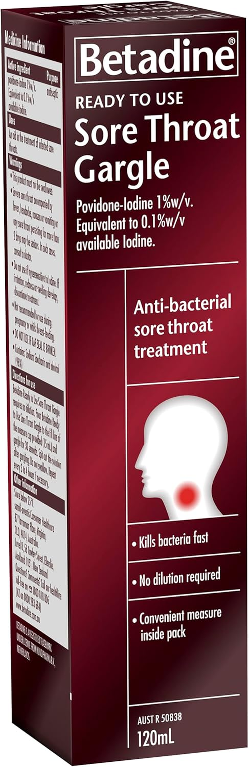 Betadine Ready to Use Sore Throat Gargle, Kills Bacteria That May Cause a Sore Throat, 120Ml image number 1