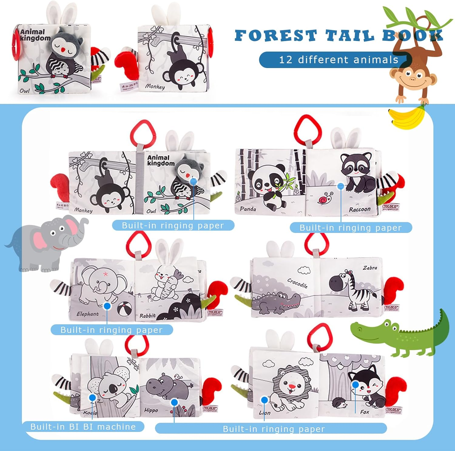 2Pcs Soft Baby Book Black and White High Contrast Animals Tails Book Bath Book Montessori Sensory Stroller Toy Non-Toxic Crinkle Washable Early Education for Baby Infant Toddler