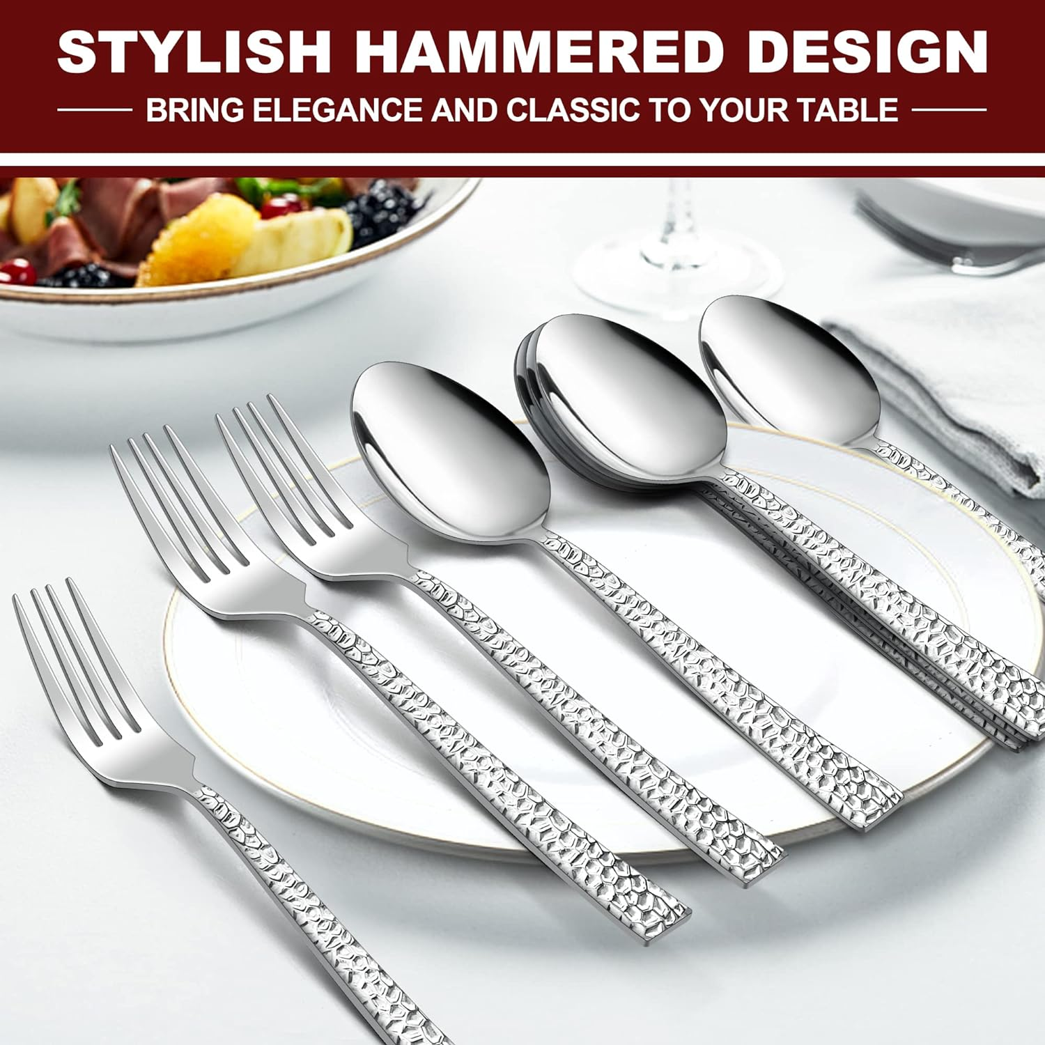 16-Piece Hammered Forks and Spoons Silverware Set, E-Far Stainless Steel Square 8 Dinner Forks and 8 Dinner Spoons, Modern Metal Flatware Cutlery for Kitchen and Restaurant, Dishwasher Safe-7.9 Inch image number 2