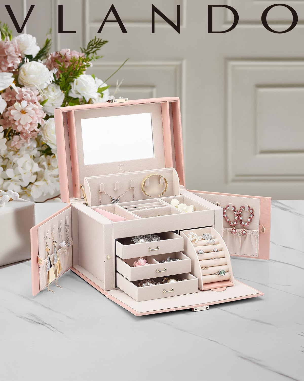 Vlando Jewellery Box Organiser, Faux Leather Jewellery Storage Case with Mirror, Storage for Earring Rings Necklace Large Jewellery Box for Home Storage & Organisation,Christmas Birthday Gift - Pink - B.Beige image number 6