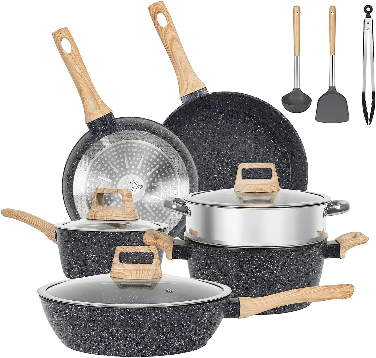 Black Pots and Pans Set, Induction Non Toxic Healthy Kitchen Cooking Set with Frying Pans, Granite Nonstick Cookware Sets, Saucepans, Steamer, PFAS PTFE PFOA PFOS Free, 12Packs