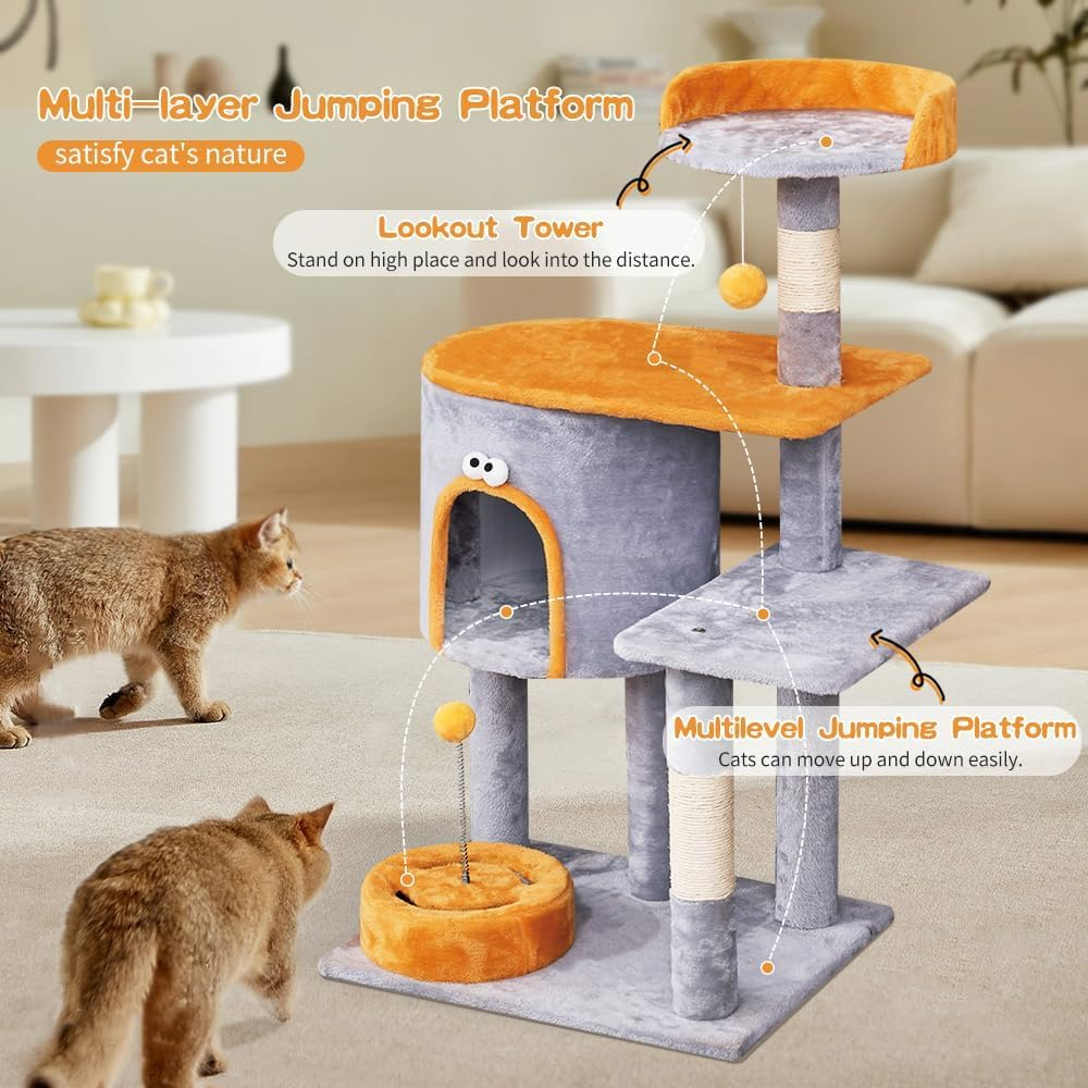 Cat Tree Tower, 95Cm Multi-Level Cat Tree with Sisal-Covered Scratching Posts, Cat Tower with Hanging Balls and Extended Platform for Cats to Play and Sleep (Grey-Cat Tree Tower) image number 6