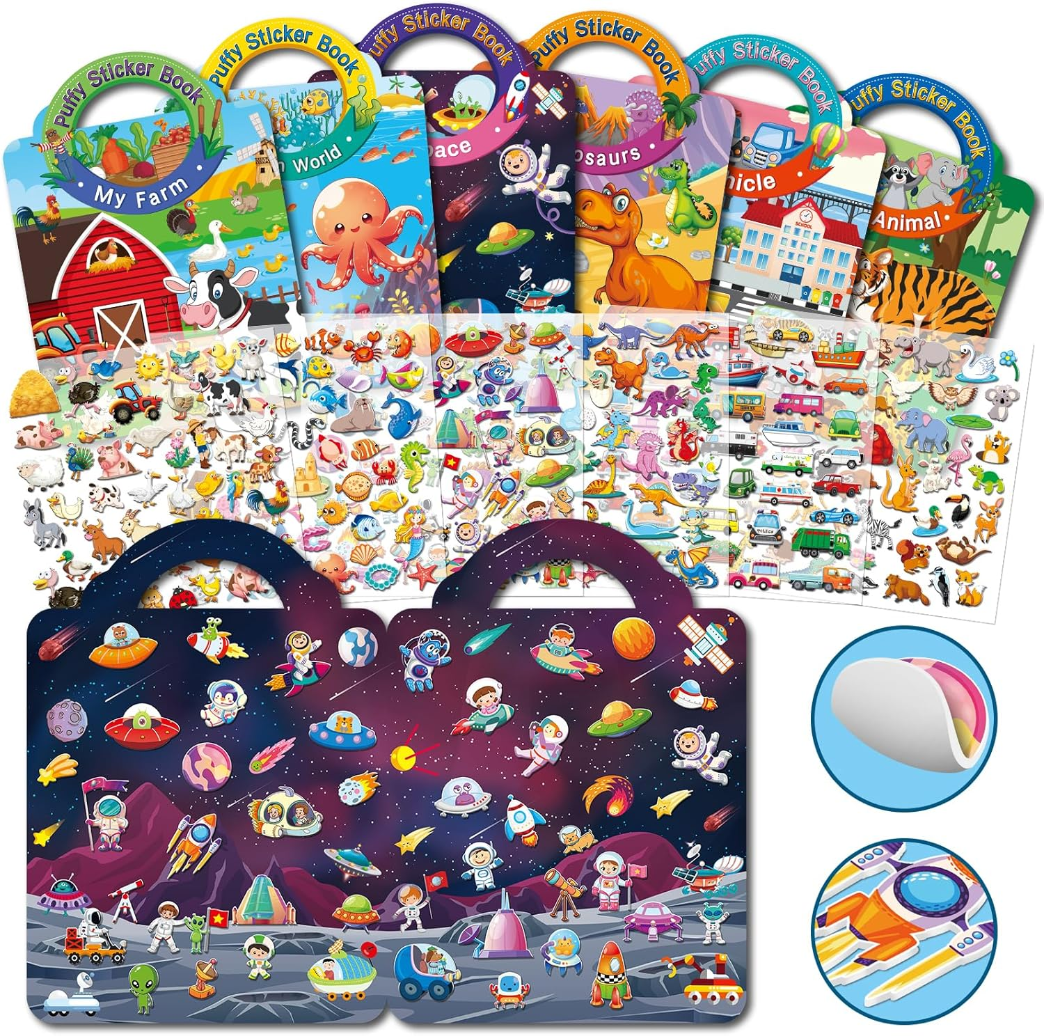 6 Sets 3D Puffy Sticker Books for Kids 2-4, Reusable Sticker Books for Toddlers 1-3, Travel Stickers for Kids, Activities for Toddlers, Birthday Gifts Party Favors, Carnival Prizes image number 2