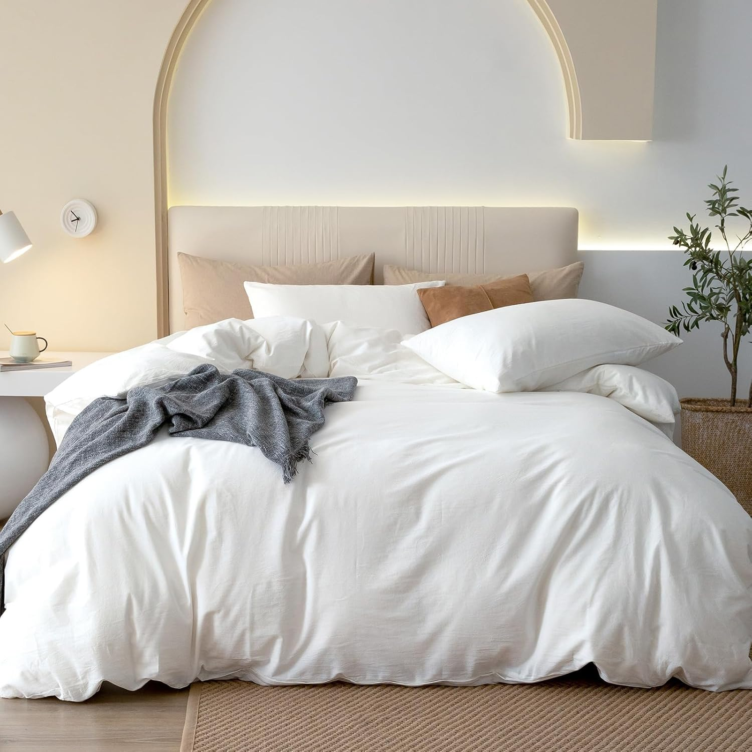 JIYUAN 100% Washed Cotton Duvet Cover Set Comfy Simple Style Soft Breathable Textured Durable Linen Feel Bedding for All Seasons King Size, Solid Olive Green