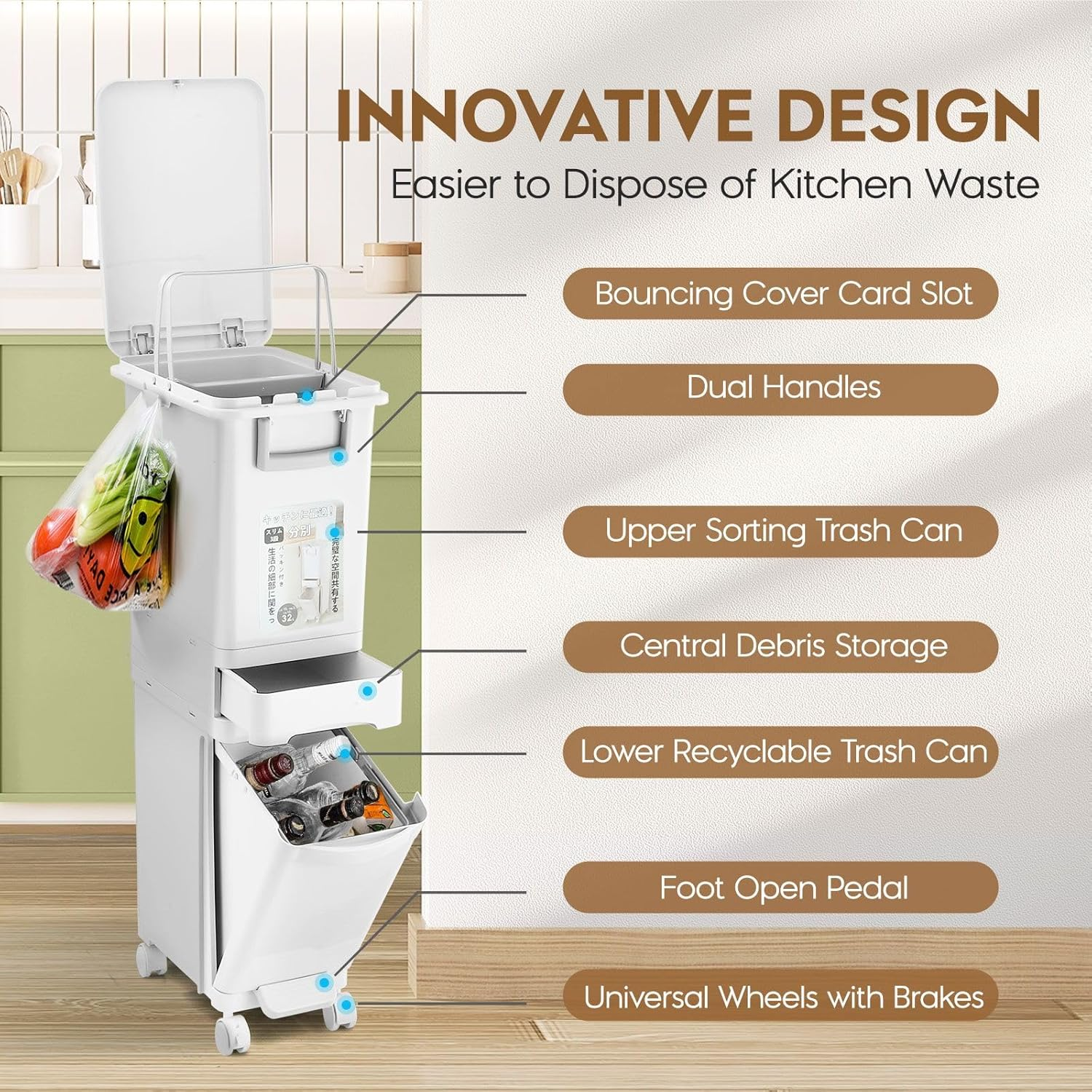 32L Trash Bin with Wheels Foot Pedal Rubbish Bin Recycle 3 Tiers Garbage Kitchen Waste Bin with Remove Inner Bucket Office Indoor - White -32L Recycle image number 2