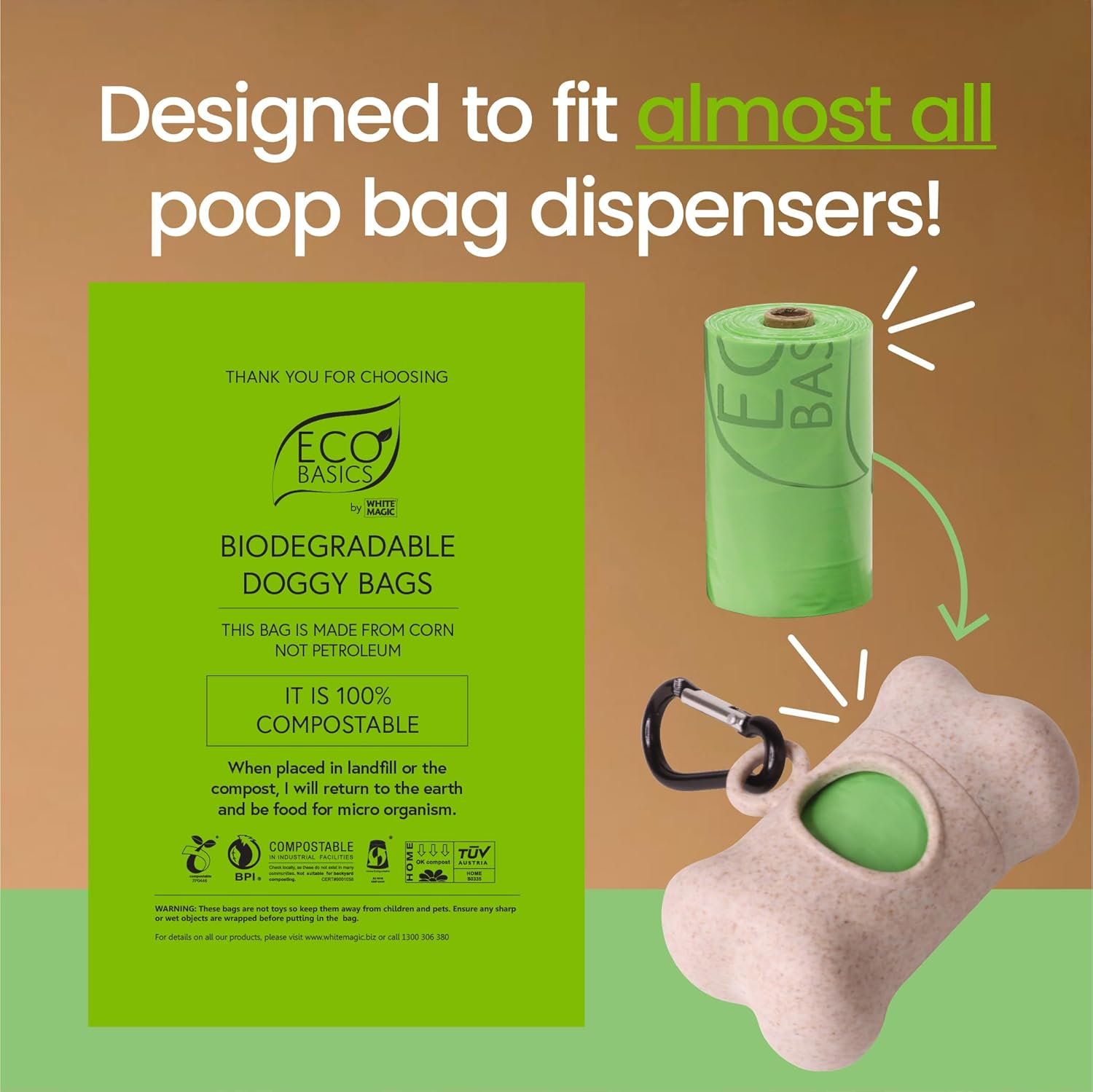 Eco Basics 100% Compostable Dog Poo Bags, 16 Rolls 240 Count, OK Compost Certified Thick Leak Proof Dog Waste Poo Bags 22 X 33 Cm, Unscented Doggy Poop Bag image number 6