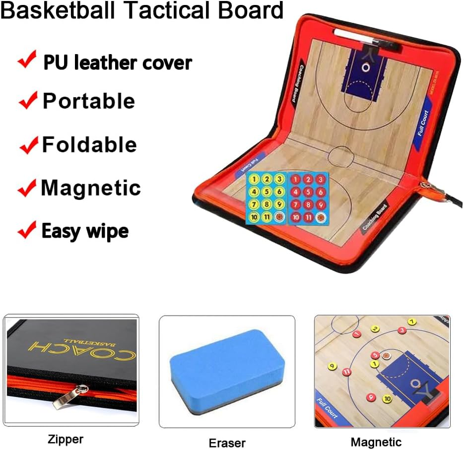 Magnetic Basketball Clipboard for Coach, Portable Tactical Basketball Coaching Board, Double Sides Full & Half Court Dry Erase Board with Marker Pen and Zipper Bag