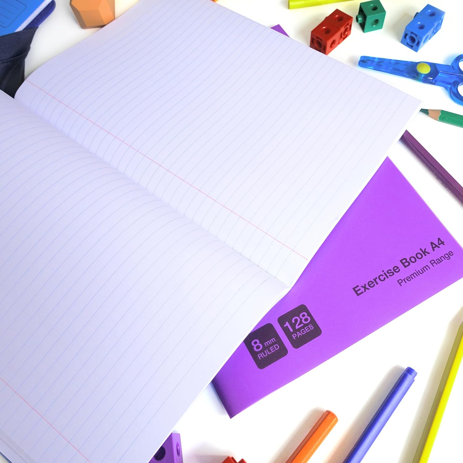 Quill, Premium Exercise Book A4, 128 Pages, 8Mm Ruled with Red Margin, Pack 2, Durable Water Resistent Cover