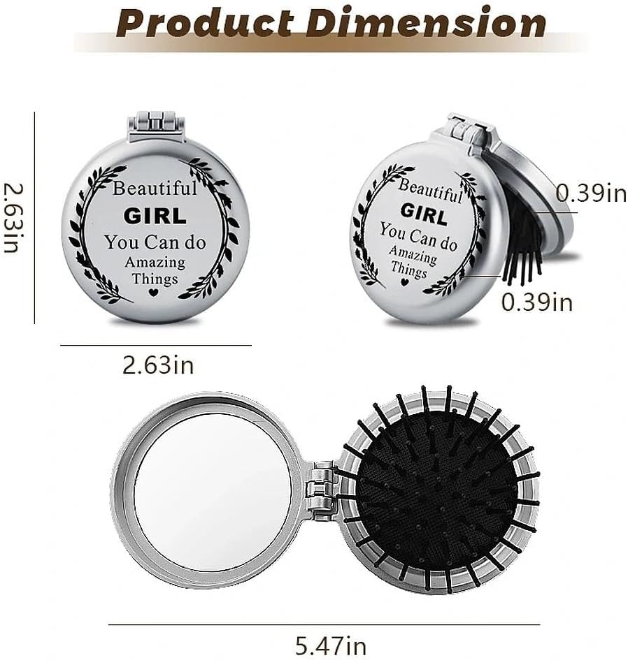 Inspirational Gifts for Teen Girls Folding Hand Pocket Compact Makeup Mirror with Comb for Daughter Friendship Encouragement Christmas Birthday Gift Sister Niece Motivational Graduation Gift