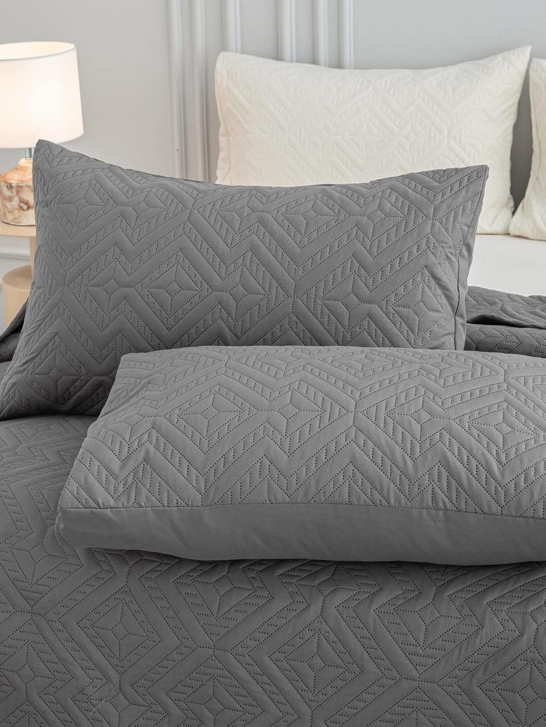 Techshining 3 Piece Bedspread Coverlet Set - Lightweight Microfiber & Cotton Fill, Reversible Grey Quilt with Pillow Shams for Twin, Full, Queen, King (King) image number 2