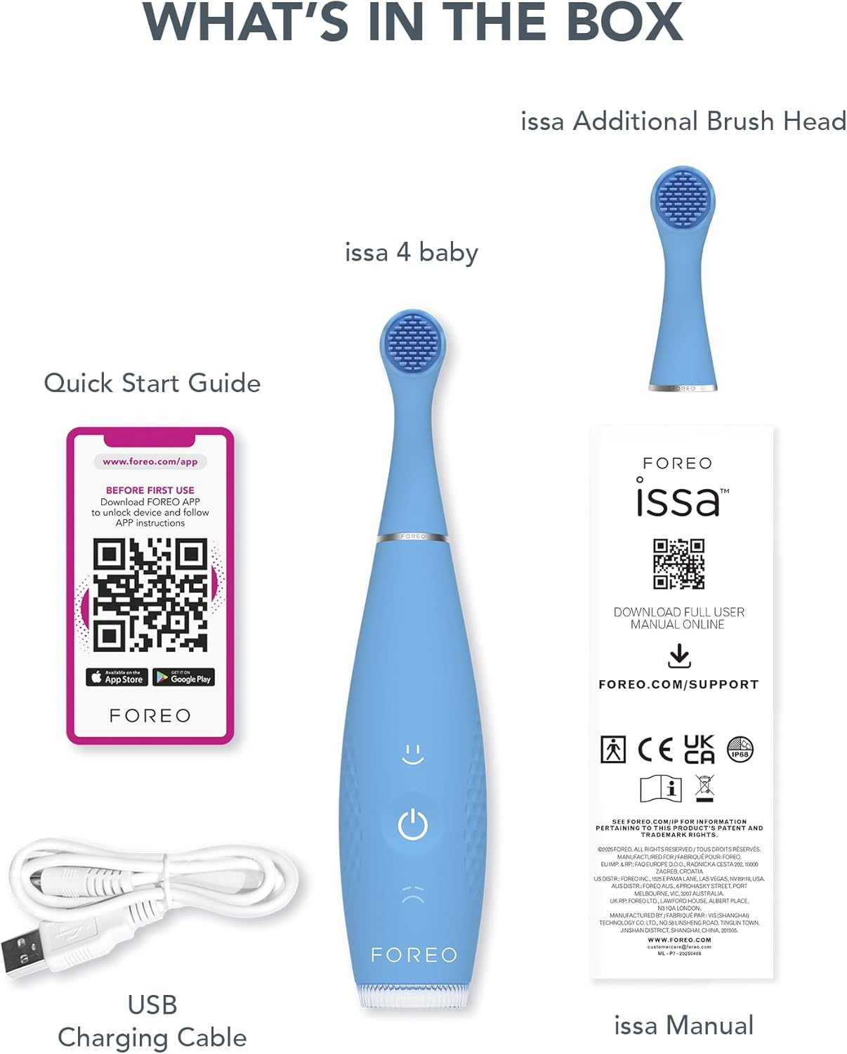 FOREO Issa 4 Baby &ndash; Silicone Sonic Electric Toothbrush Bundle for Babies, 2-Sided Bristles, Fun Smile Feature, Gum Massage, 12 Months of Care with Extra Brush Head, 240 Days Battery, Travel-Friendly - Bubble Blue