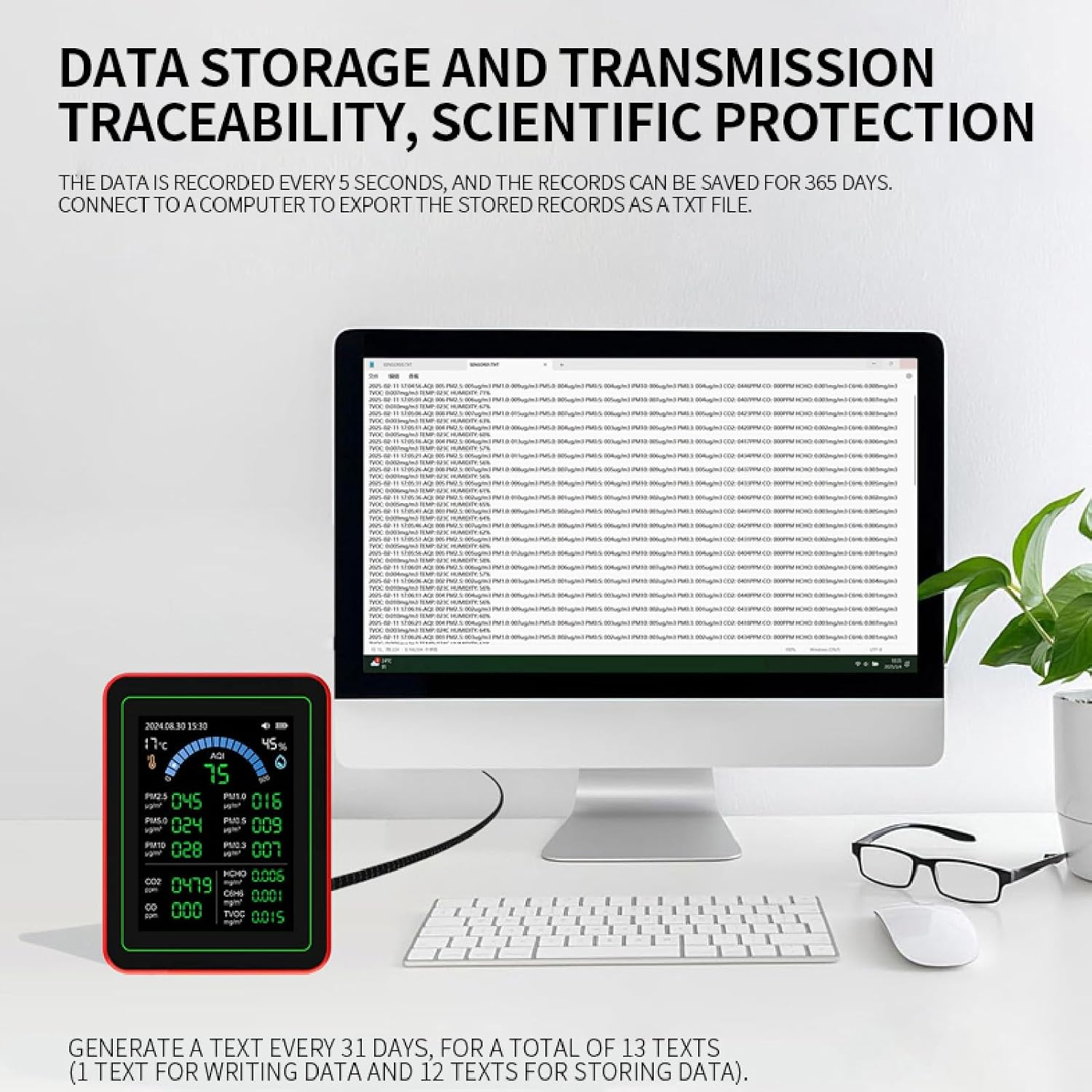 Air Quality Tester, CO2 TVOC HCHO PM2.5 Temp Humidity Detect, Indoor Data Storage Black, Data Curve Display, Runs up to 7 Hours​ image number 4